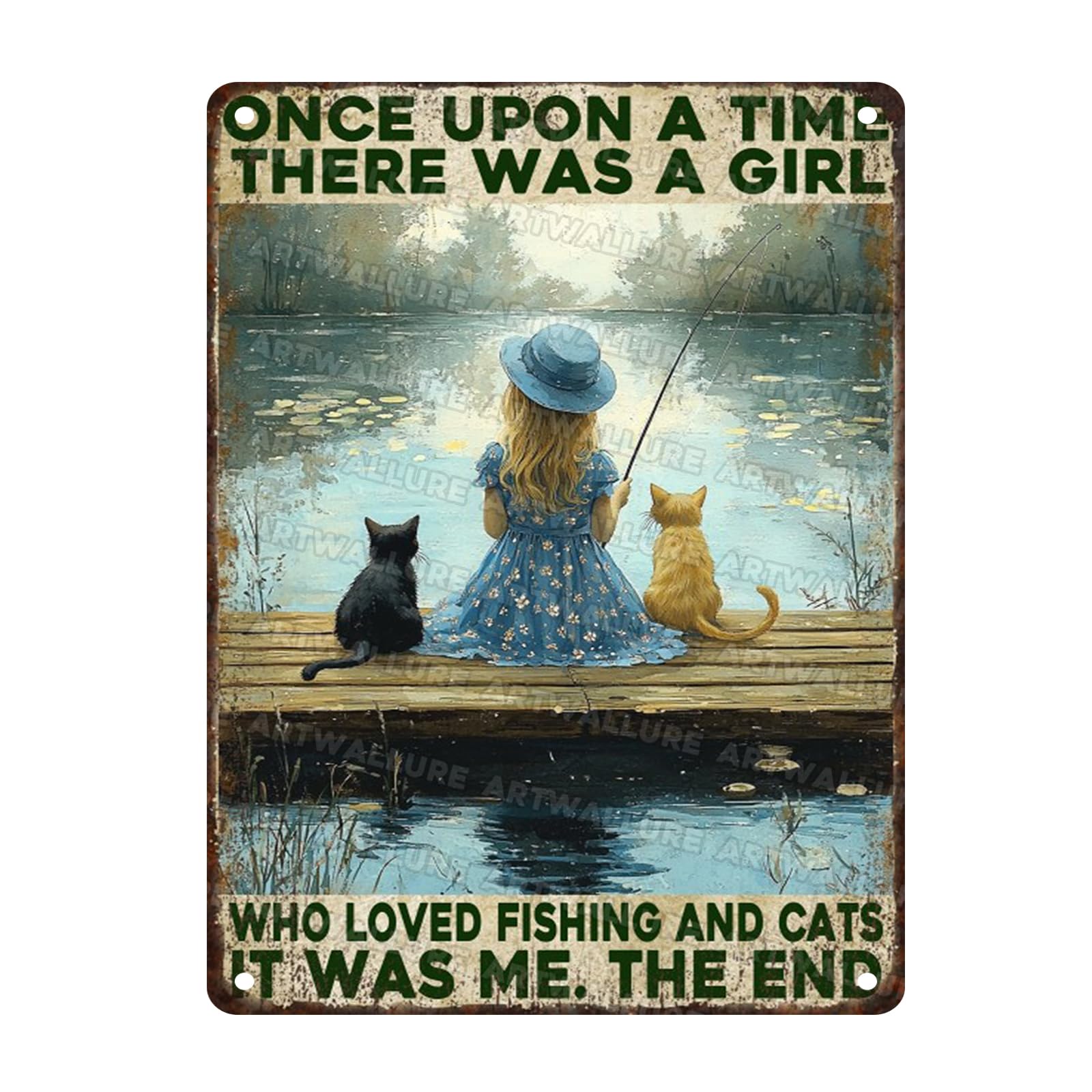 Fishing Cat Lover Metal Tin Sign Rustic Wall Decor Vintage Cottagecore Art Once Upon A Time Story Quote 12x16inch