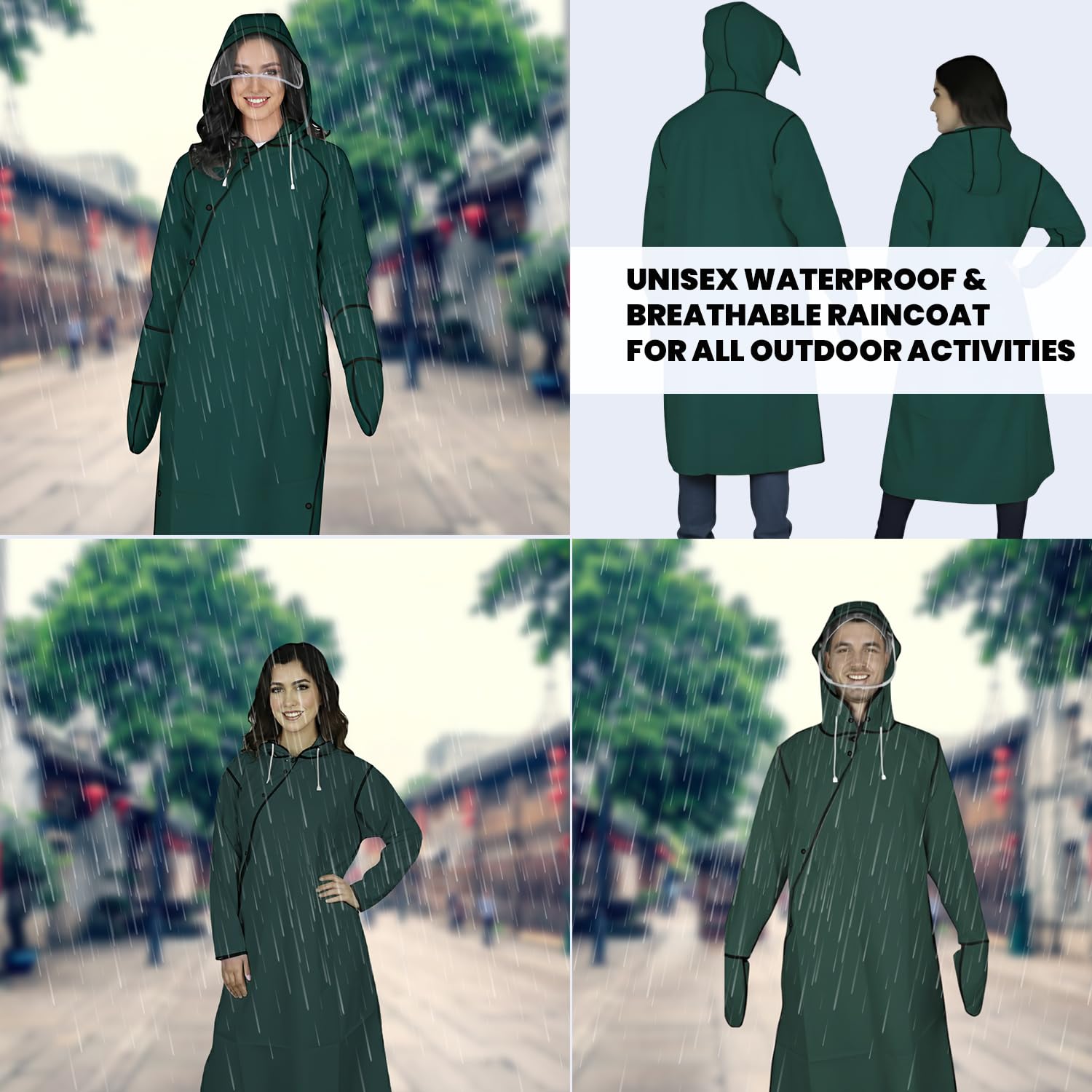 Hacer Unisex Rain Poncho 410GSM with Adjustable Hood Full Sleeves Waterproof Lightweight Outdoor Bike Raincoat for Men & Women Camping Hiking and Travelling (XL, Green) 3