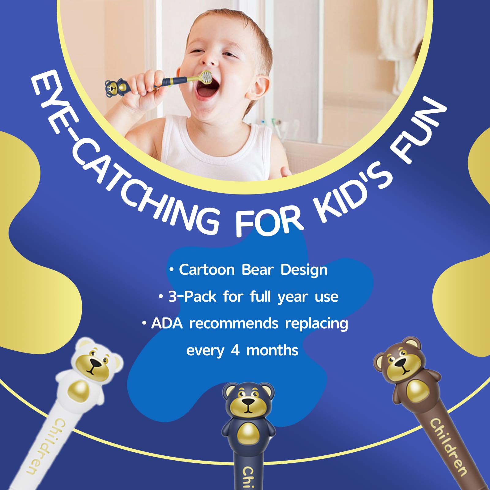 Cepillo de dientes de 3 caras para niños, diseño japonés de triple ángulo, diseño de oso de dibujos animados para niños con autismo, cepillo de dientes para niños de 3 a 12 años, cerdas suaves