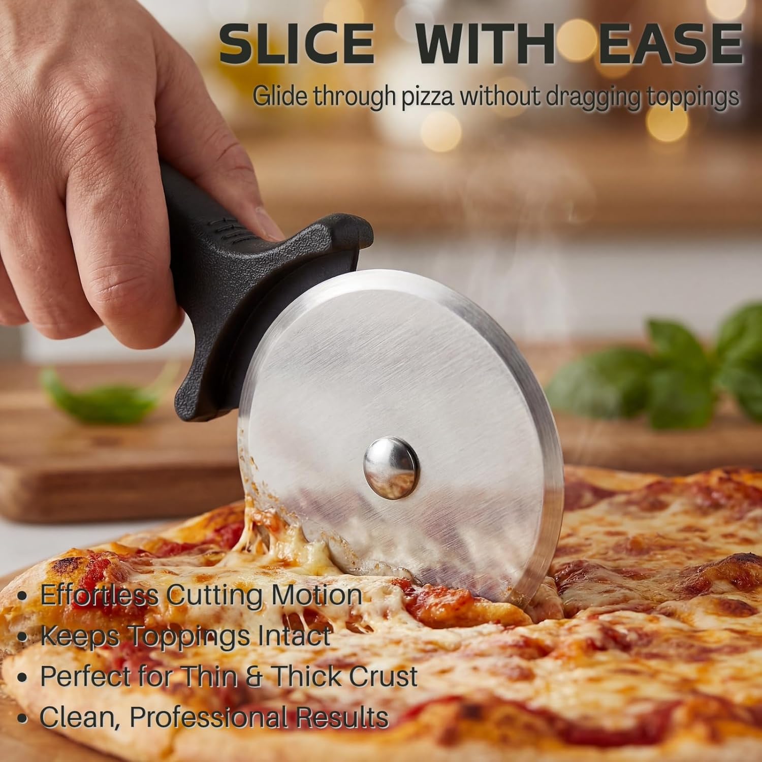 Pizza Cutter Wheel Stainless Steel, 4 Inch Small Pizza Cutter with Non-Slip Handle, Sharp Round Classic Cutter for Kitchen, Pastry, Waffles, Dishwasher Safe