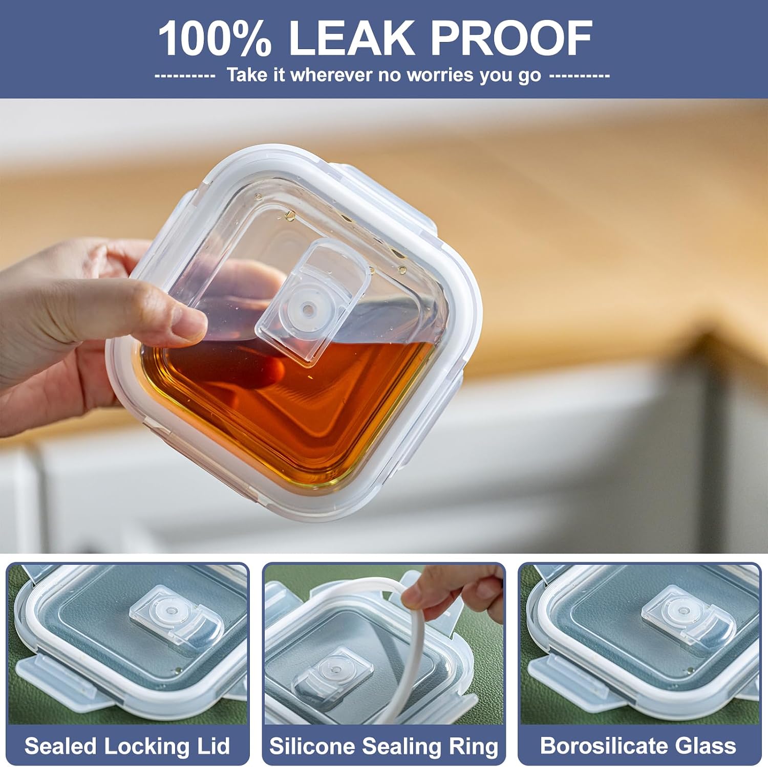 Airtight Glass Food Storage Containers with Lids (4-Piece Set) - Leakproof BPA-Free Glass Containers for Soup, Leftovers, Meal Prep, Office Lunch - Microwave, Dishwasher & Freezer Safe