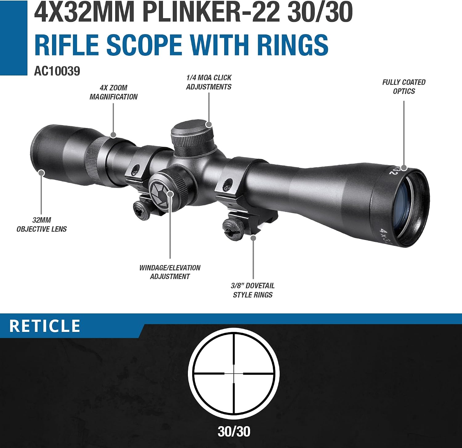 BARSKA 30/30 Crosshair Reticle Rifle Scope for .22 Plinking & Rimfire Rifles - Optimal Precision with Rings for Shooting, Hunting, Target Practice