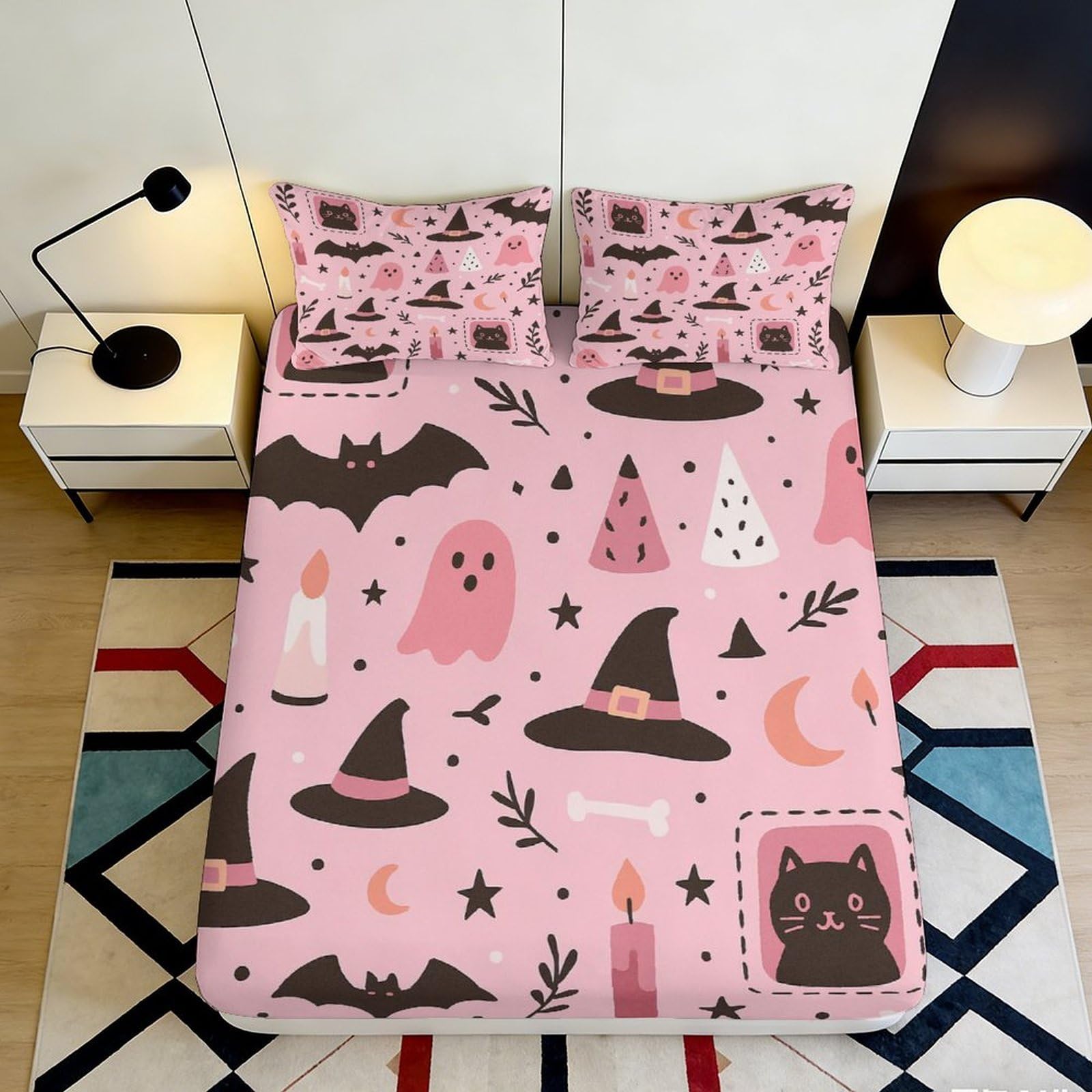 3D Printed Pink Halloween Ghost Fitted Sheet Microfiber Soft Witch Hat Bed Cover for Bedroom Dorm Decor 90x200x25cm