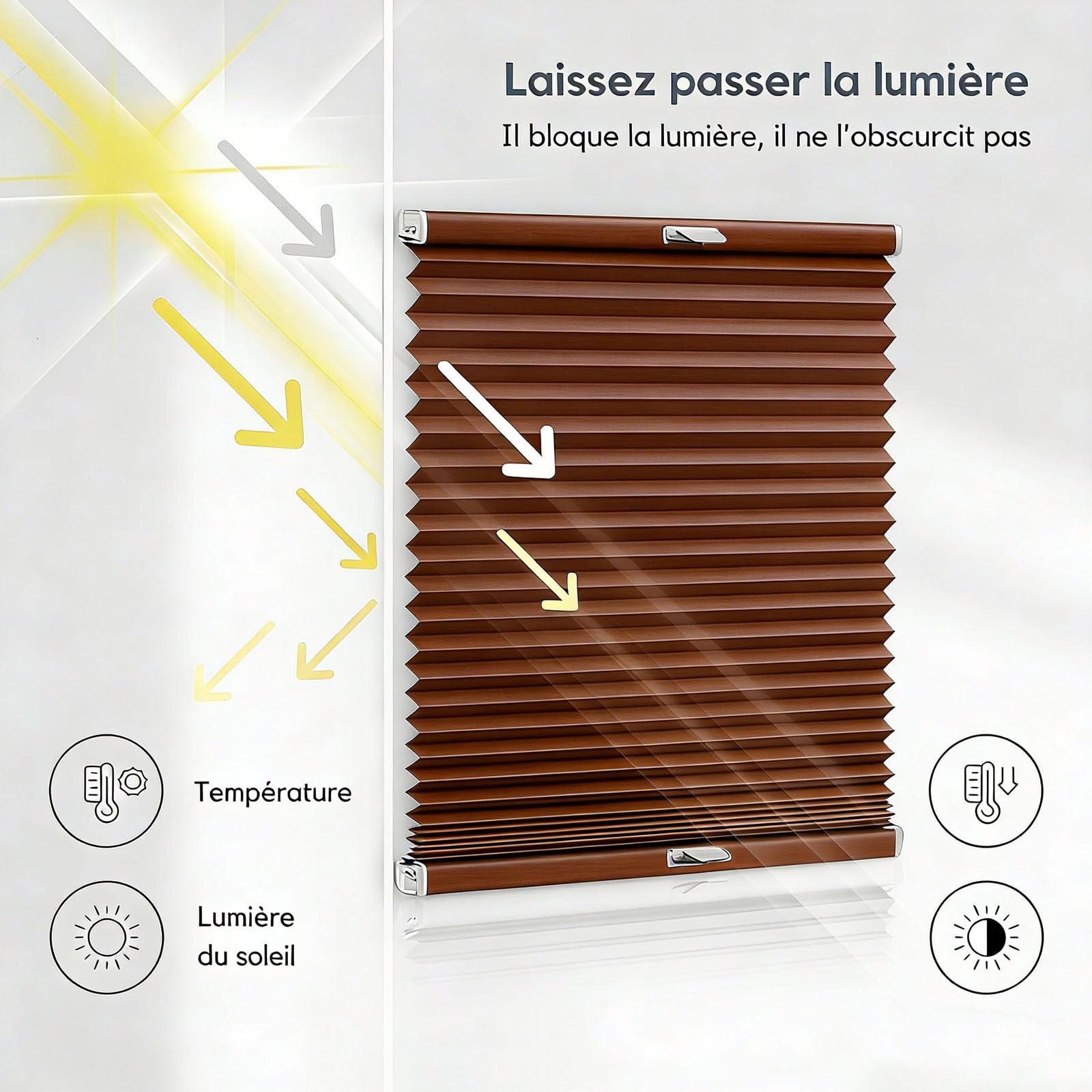 Store Plissé sans Percer, sur Mesure 100 x 190 cm Facile à Installer Protection Vie Privée Rideaux Plissés en Non-Tissé Store Plissé avec Perçage pour Fenêtres Portes, ‎Marron
