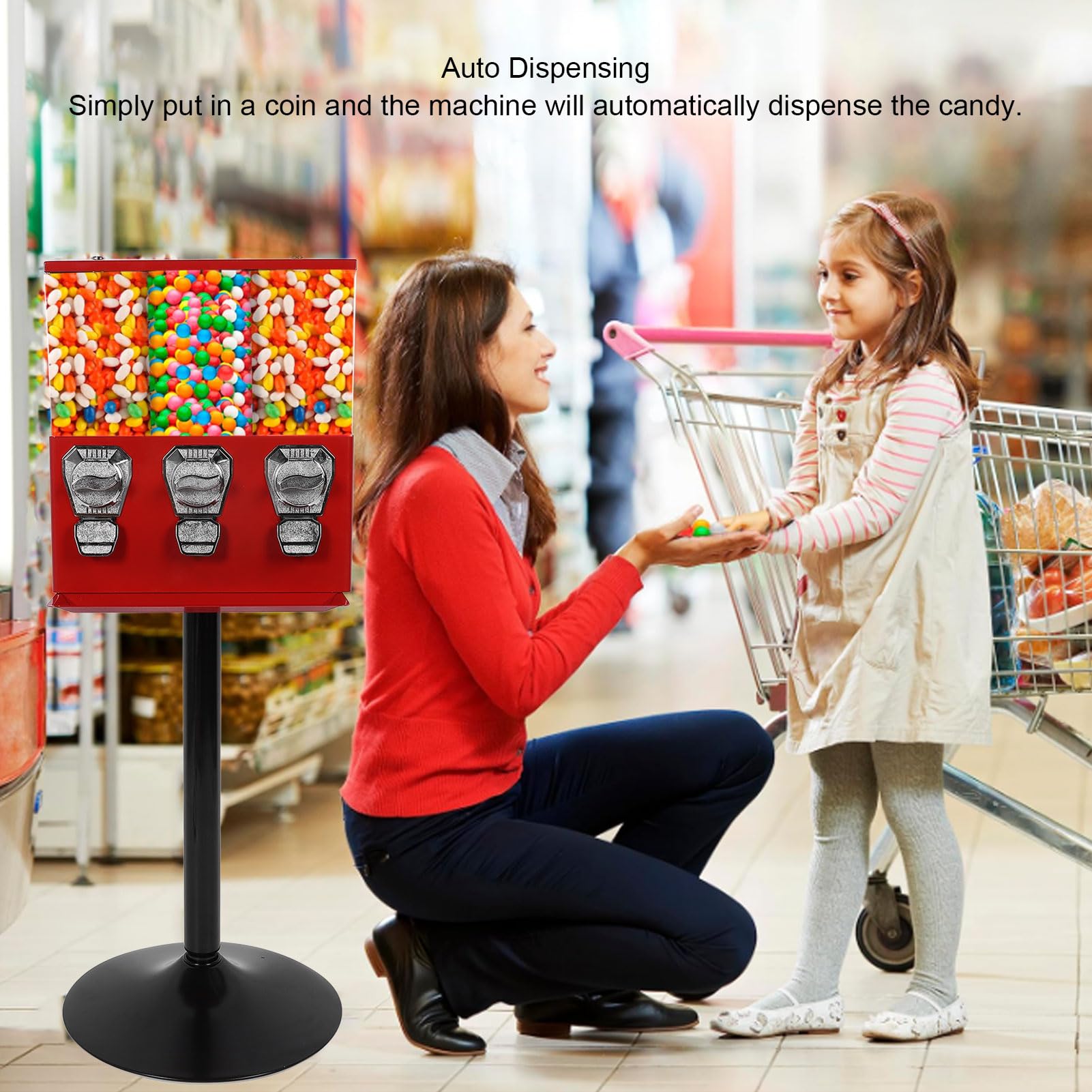 Candy Vending Machine, Triple Vending Machine Commercial Gumball Machine with Stand for Stores, Home, Anti Theft Design, Easy to Operate