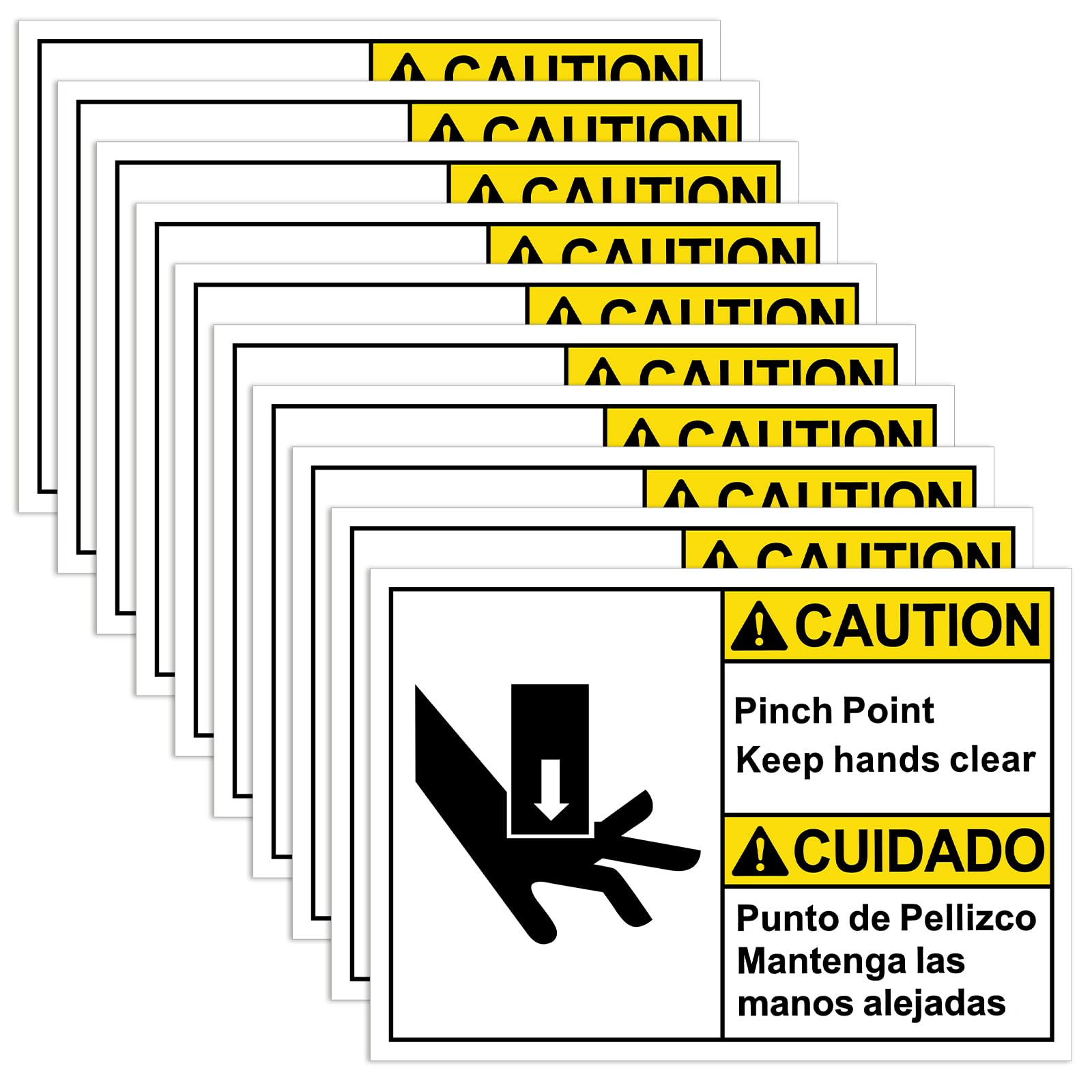 10 Pcs CAUTION Pinch Point Watch Your Hands ANSI Safety Bilingual Label Decal - 5'' x 3.5'' Vinyl ANSI Safety Warning Sign Stickers for Indoor Outdoor Machinery Workplace(Caution)