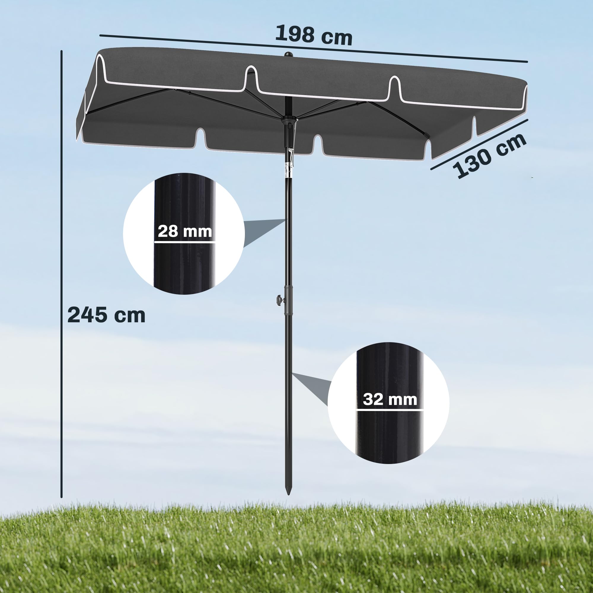 Outsunny Sombrilla de Jardín de Aluminio 2x1,3x2,5 m Parasol de Jardín Rectangular con Función de Inclinación para Terraza Patio Exterior