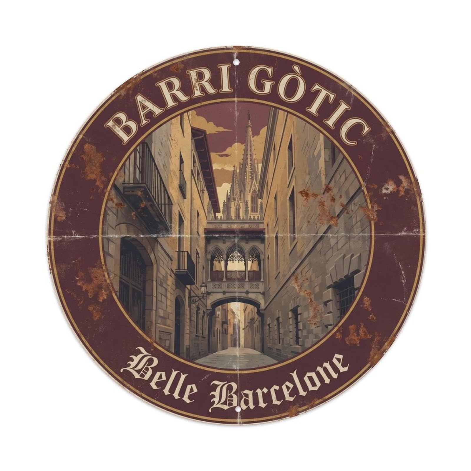 Catalan Gothic Cathedral Barcelona Vintage Travel Heritage Metal Tin Sign Plaque Wall Decor for Cafe, Man Cave, Club Bar, Office, Home Garden Round Metal Poster 8x8Inch