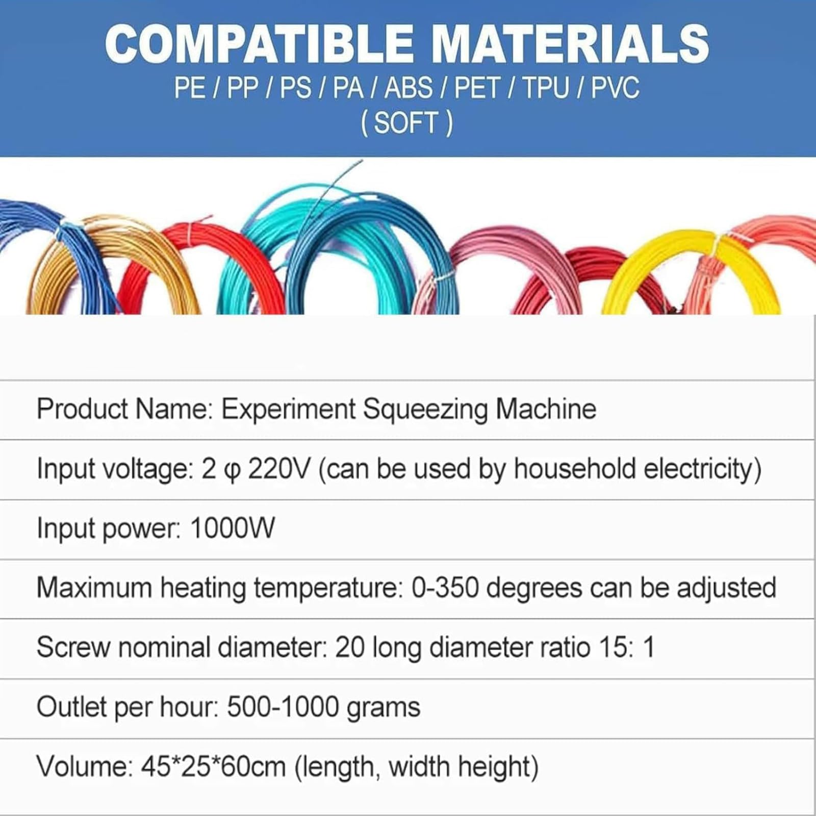 Desktop stampante 3D estrusore filamento Maker con display digitale, uscita 500-1000g/h, temperatura massima 350°C per produzione di pellet di plastica su piccola scala