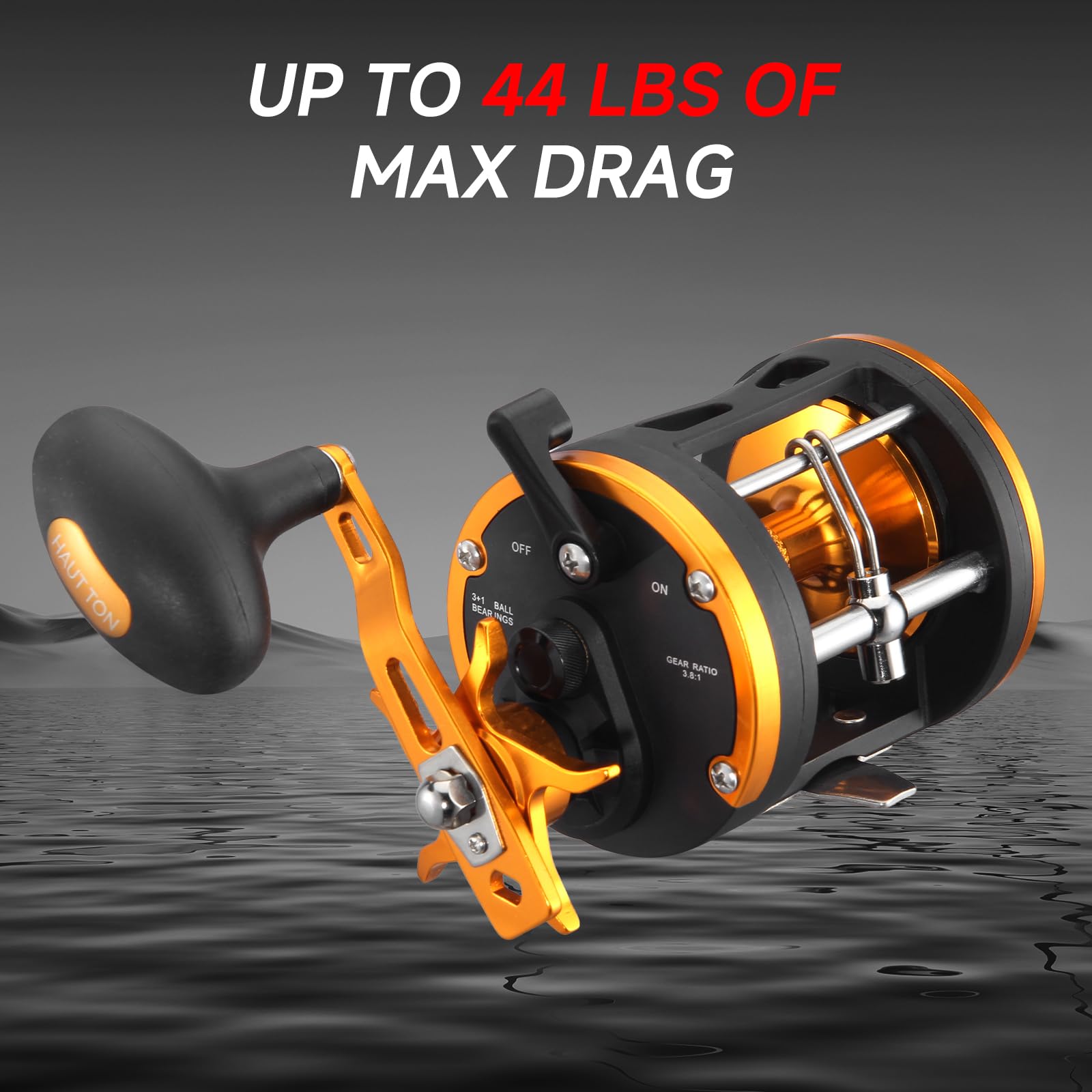 HAUT TON Vortex Baitcasting Fishing Reels, Saltwater Inshore Surf Trolling Reel, Round Baitcaster Reel Up to 44LBS Powerful Max Drag, Conventional Reel for Catfish, Musky, Salmon