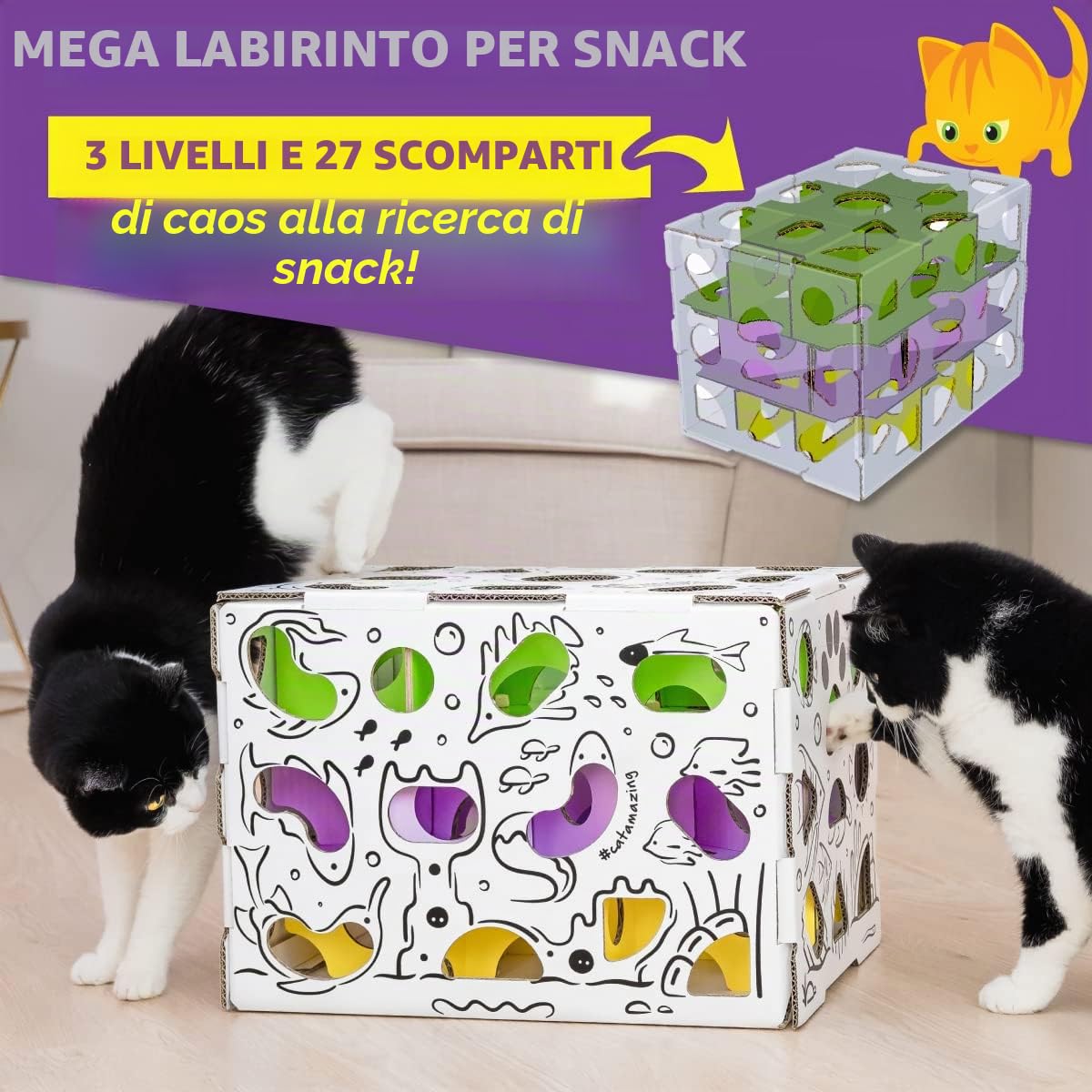 Cat Amazing Mega - Scatola Puzzle Interattiva per Gatti - Labirinto e Mangiatoia - Giocattolo Alimentare Arricchente per Interni