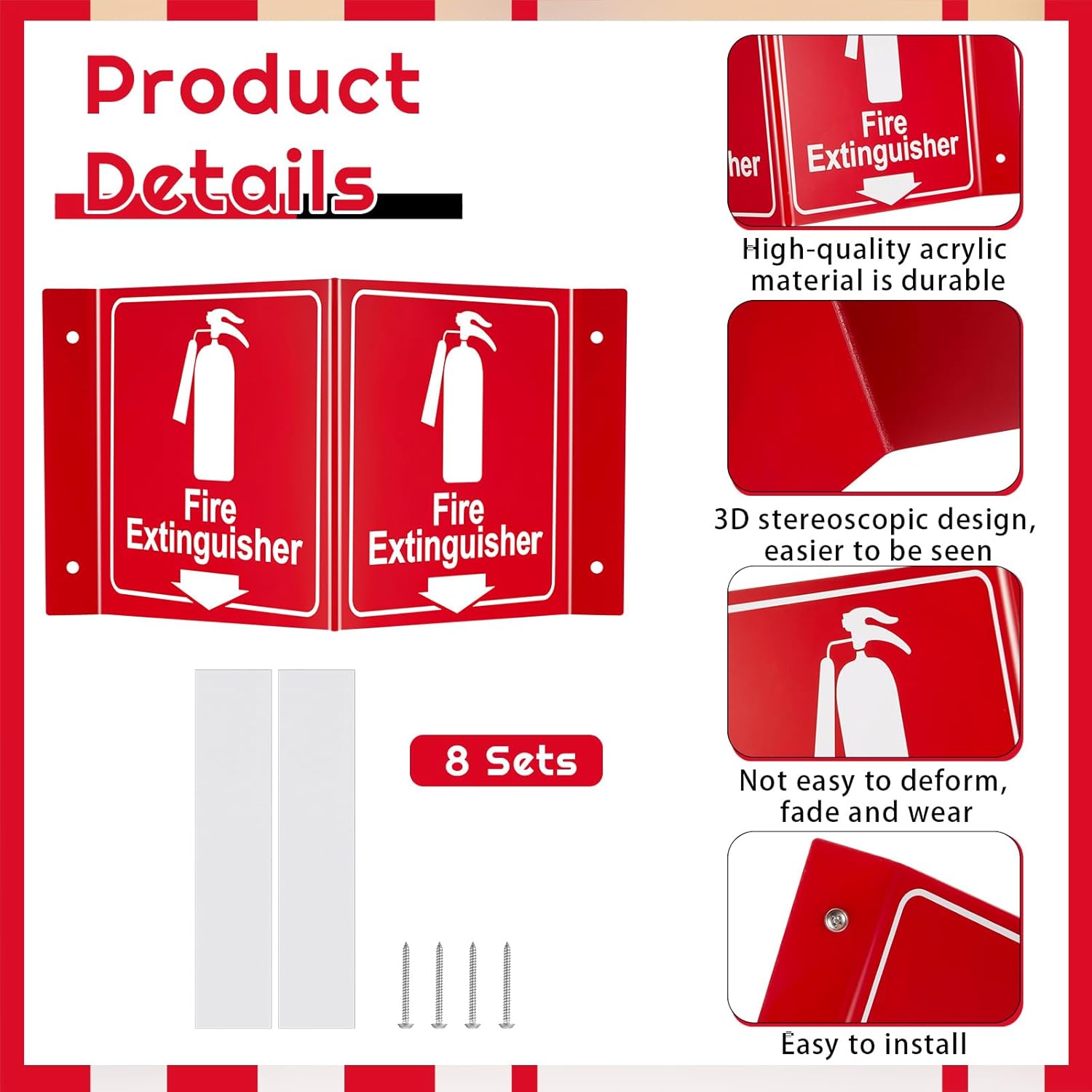 Soaoo 8 Sets 3D Fire Extinguisher Sign with Down Arrow 11.34" x 6.3" Two-sided Acrylic Projecting V-sign Pre Drilled Mounting Hole, Screw with Washer Double Sided Tape Home Office Business