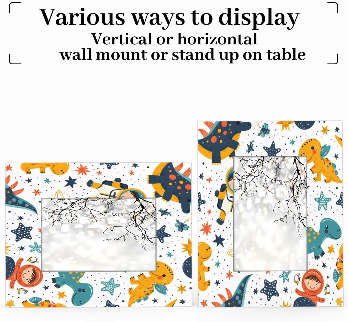 Dinosaur Planet 8x10 Picture Frame, Cute Dinosaur Space Wood Photo Frame for Wall or Tabletop Display Pictures 5x7 with Mat or 8x10 without Mat