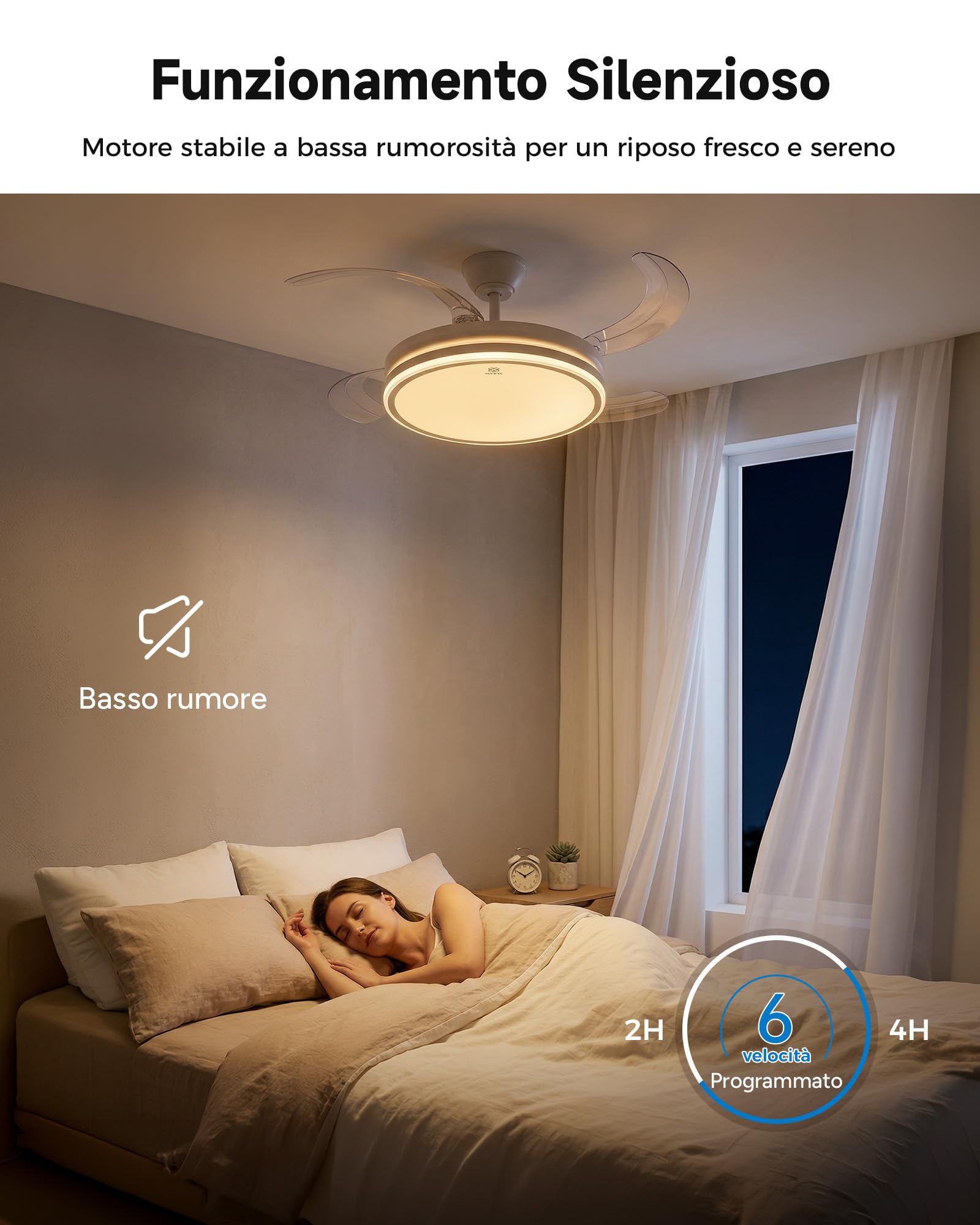 WOOX Ventilatore da Soffitto con Luce, 107cm Lampadario Ventilatore DC | 4 Pale Retrattili Invisibili, LED 50W Dimmerabile (CCT), 6 Velocità, Silenzioso, Estate/Inverno, Telecomando