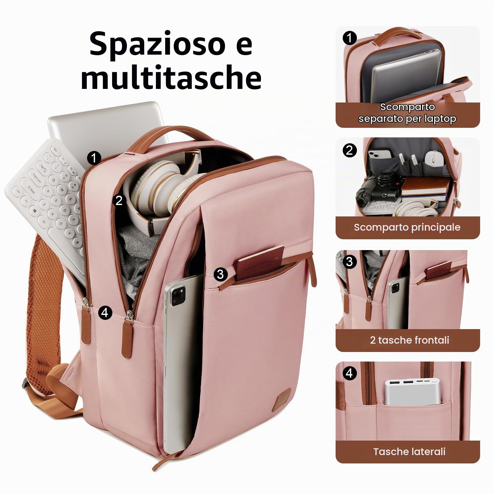 15.6" Zaino Porta PC Uomo Donna, Zaino Computer Laptop Impermeabile, Zainetto da Viaggio Multitasche, Zainetto Lavoro Ufficio per Università, Rosa