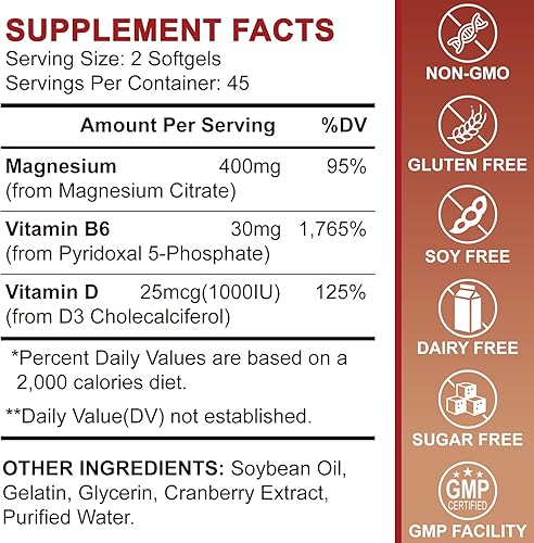 Miniatura 2 de Citrato de magnesio 400 mg, suplemento de citrato de magnesio de alta absorción con vitamina D3, vitamina B6 y extracto de arándano, músculo y hueso