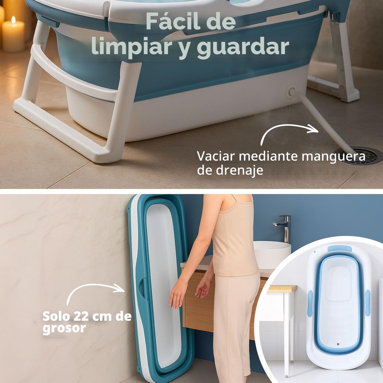FLINQ Bañera plegable para adultos - 121 x 63 x 54 cm - Bañera móvil plegable - También adecuada para niños - Azul