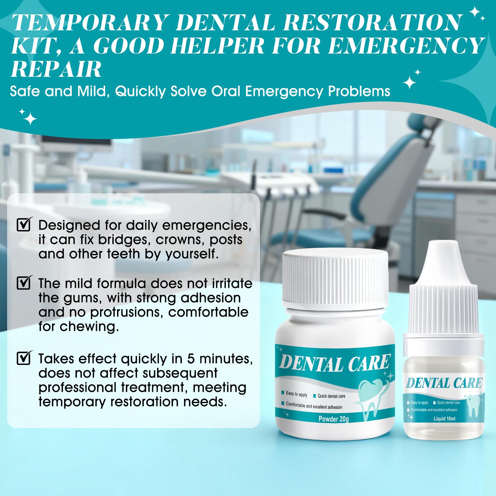 Cemento Dental Adhesivo para Caries Empastes Puentes Coronas Rellenos Secado Rápido 4 Piezas