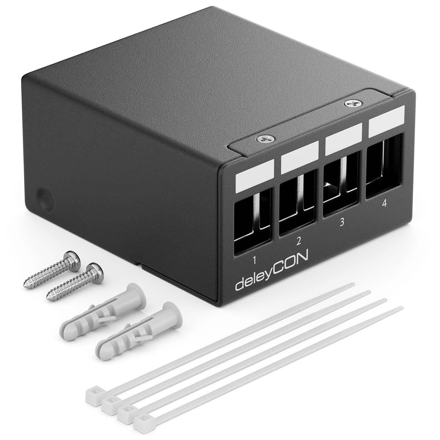 deleyCON Alloggiamento Patch Panel 4 Porte 1RU per Moduli Keystone 14,9mm x 17mm con Connettore Coassiale RJ45 BNC F Antenna RJ-11 Cinch Jack USB Toslink PS2 HDMI - Nero