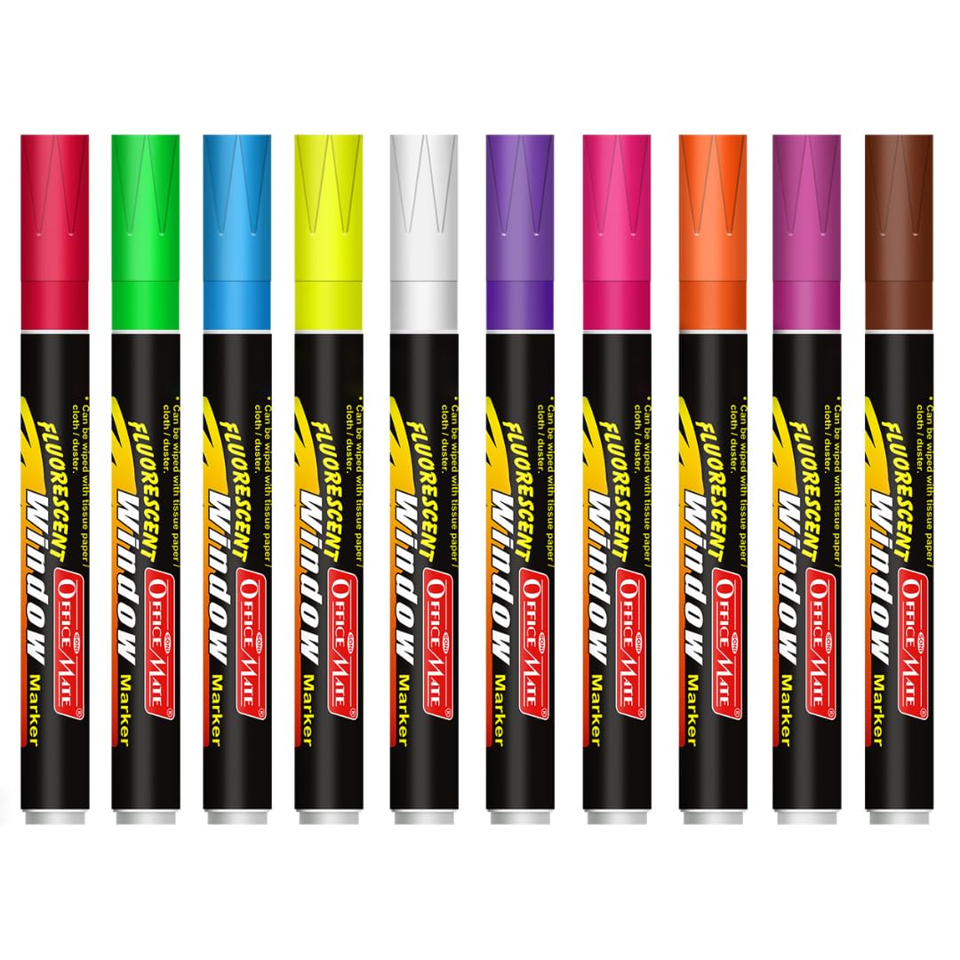 Soni Officemate Fluorescent Chalk/Window Marker | For Cafés, Restaurants, Glass Boards, Mirrors & Window Displays | Easy Erase, Smudge-Free Ink | 4.5 mm Bullet Tip | Pack of 10 (Multicolour)-image-28