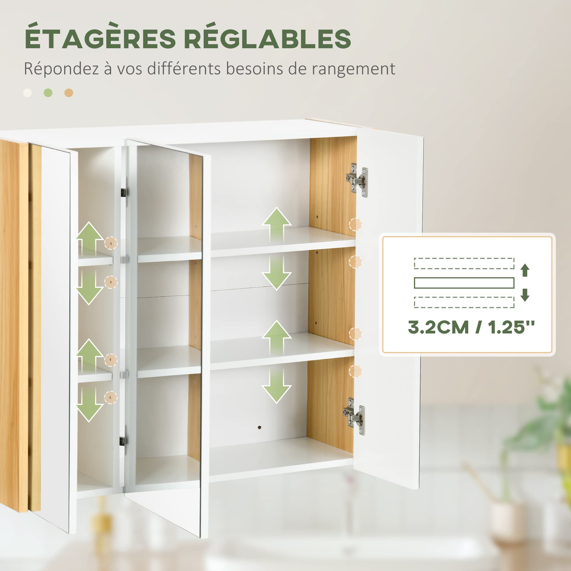 kleankin Armoire Miroir Salle de Bain Armoire de Toilette Miroir 3 Portes 4 étagères réglables 68 x 22 x 60 cm Aspect chêne Clair - Blanc