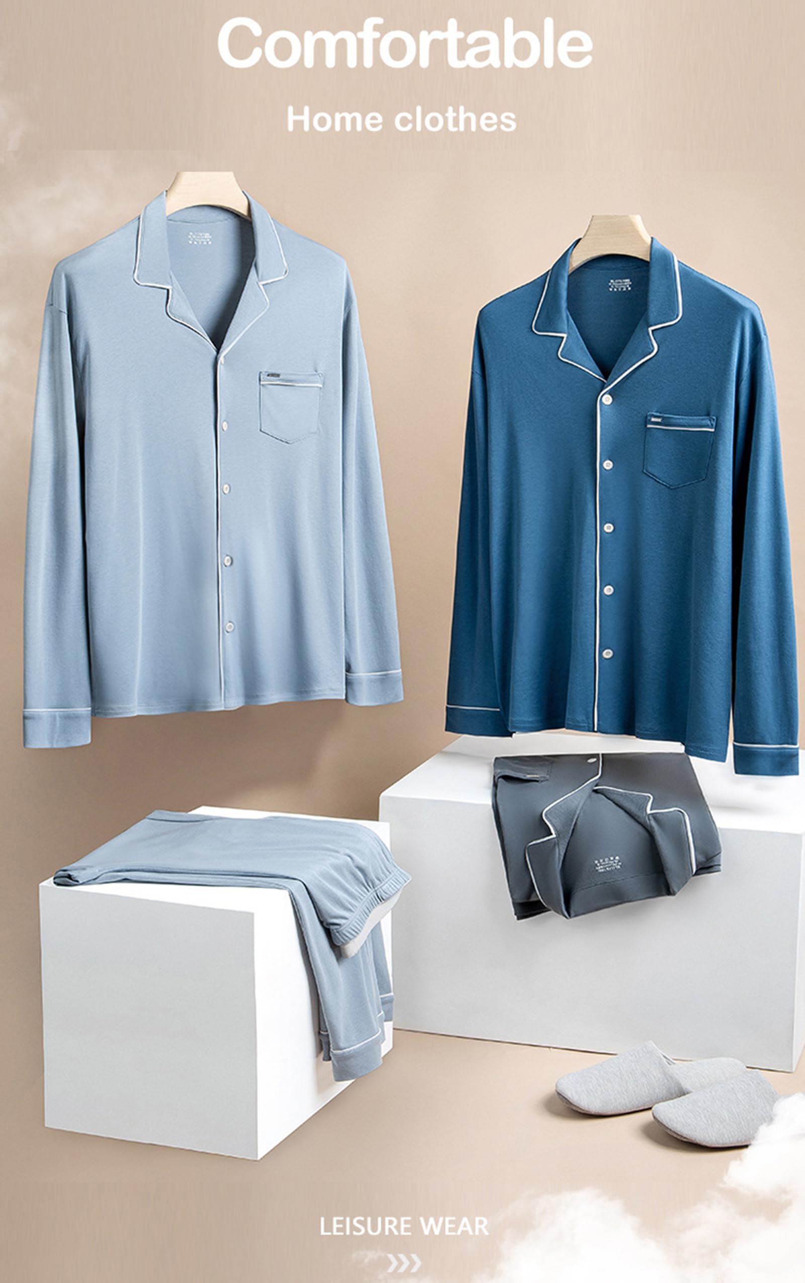 Set di Pigiami in Cotone da Uomo, Casual a Maniche Lunghe Pigiameria Superiore e Inferiore Pjs Set Loungewear con Tasche