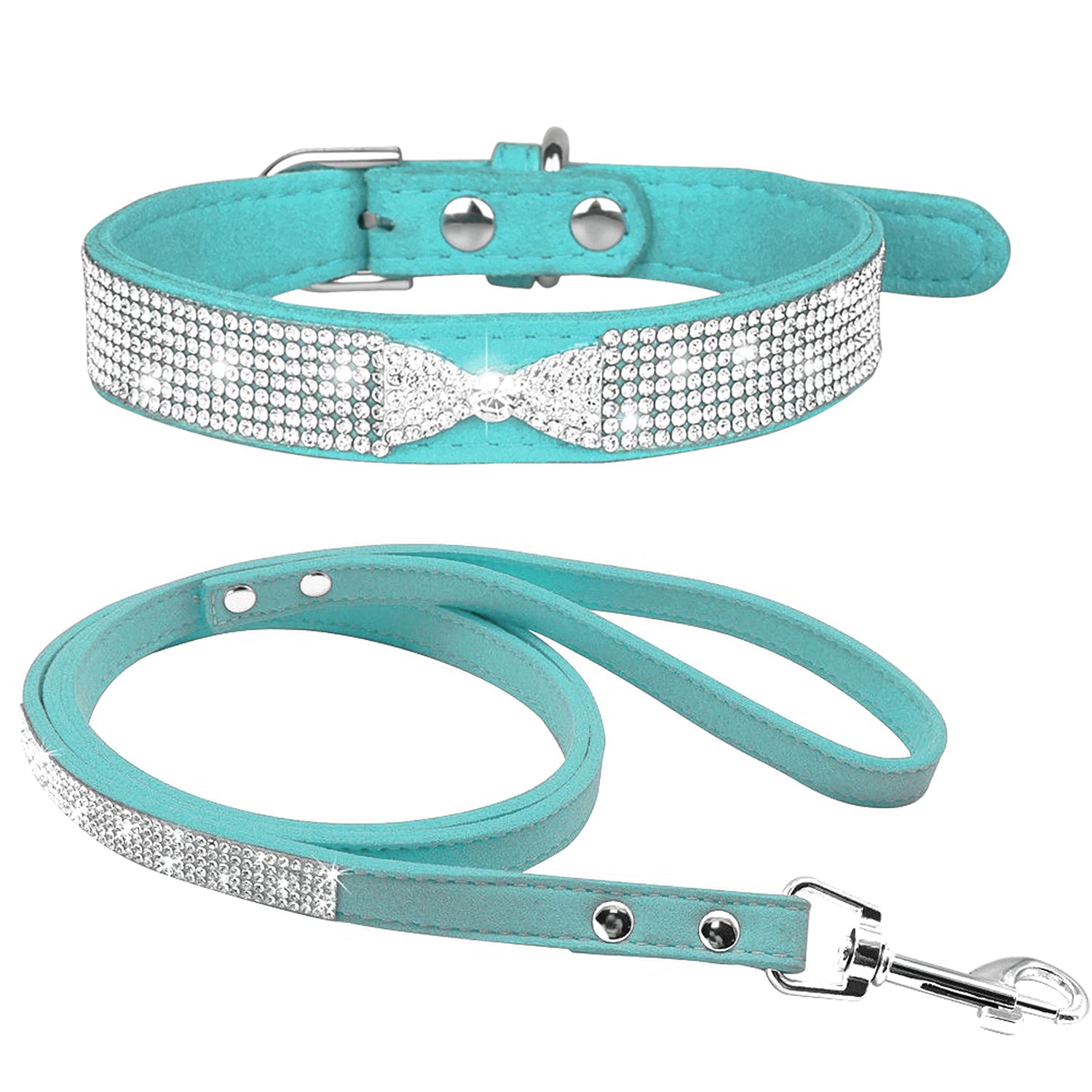 haoyueer Strass-Hundehalsband, niedlich, schillernd, funkelnd, weiches Wildleder, für Hunde und Katzen, Strass, Halsband mit Leine, Kristall, Diamant, Haustier, Welpen, Halsband (S, Blau-3)