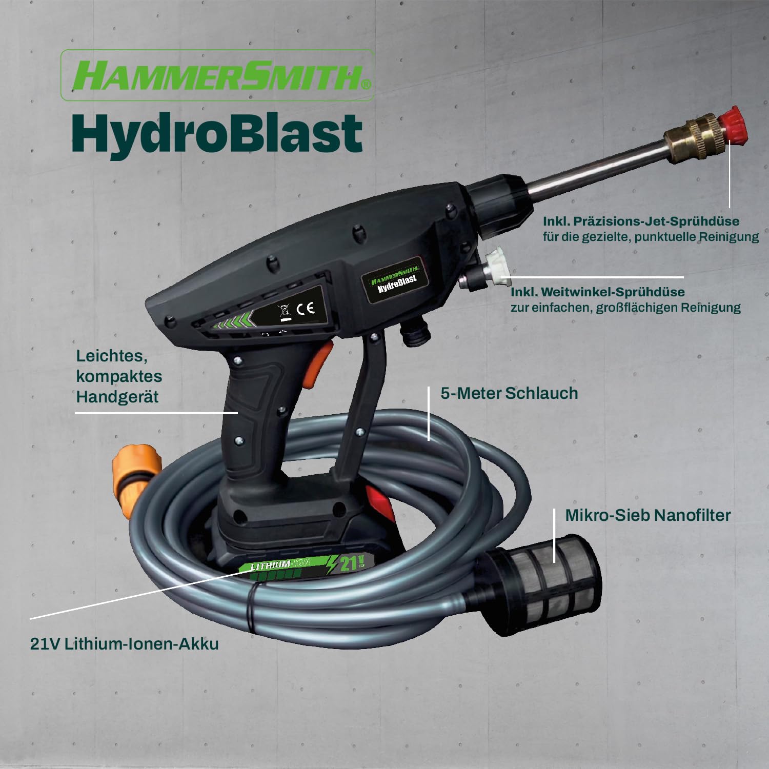 Hammersmith HydroBlast Pistolet de nettoyage sans fil avec réservoir d'eau et accessoires, pour tuyau d'arrosage, nettoyeur haute pression, portable, portée de 5 m