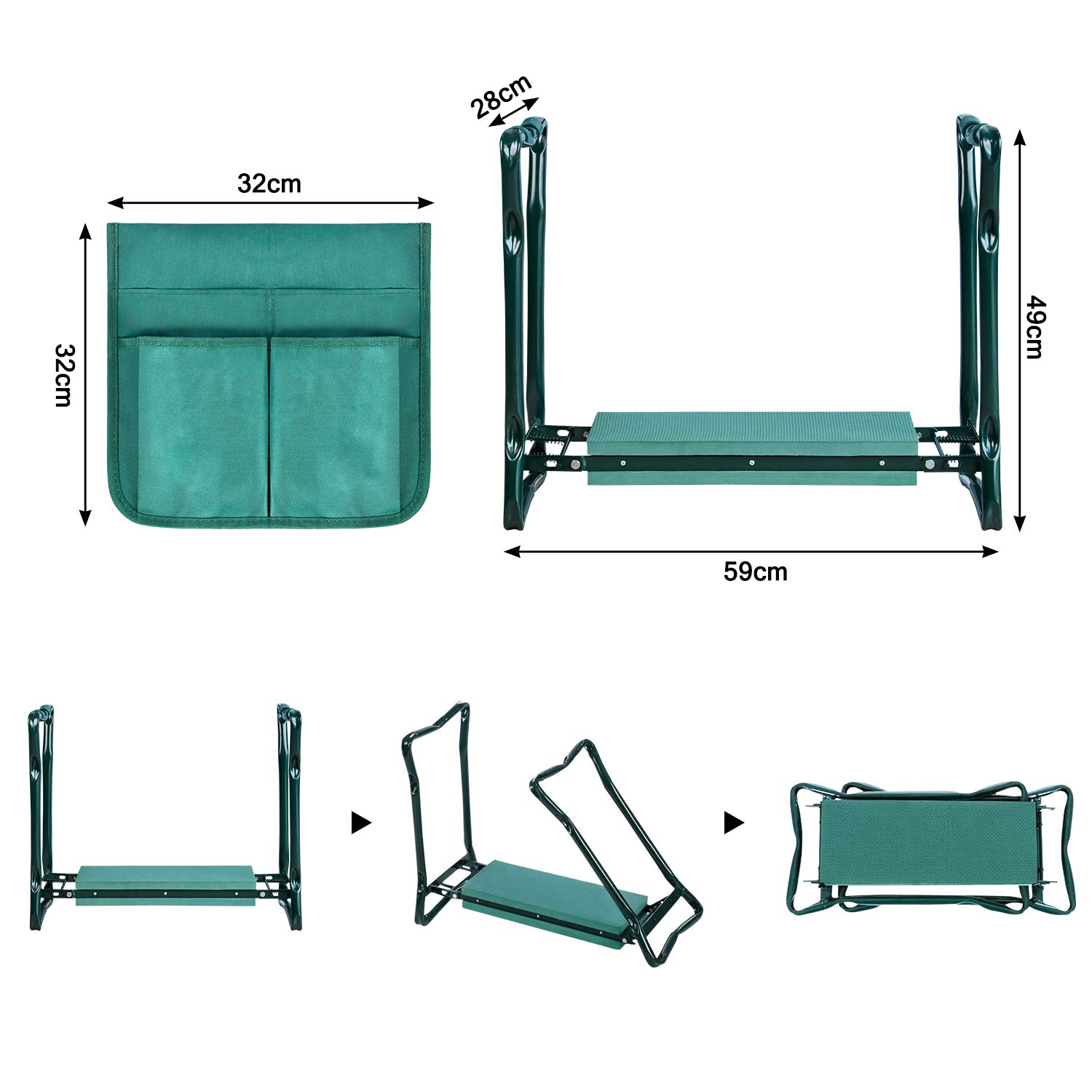 AufuN Repose-genoux 2 en 1 pour le jardinage - Avec coussin en mousse EVA rembourré - Pliable - Pour travailler autour de la maison et du jardin - Jusqu'à 150 kg - Avec 2 sacs de travail - 60 x 50 x