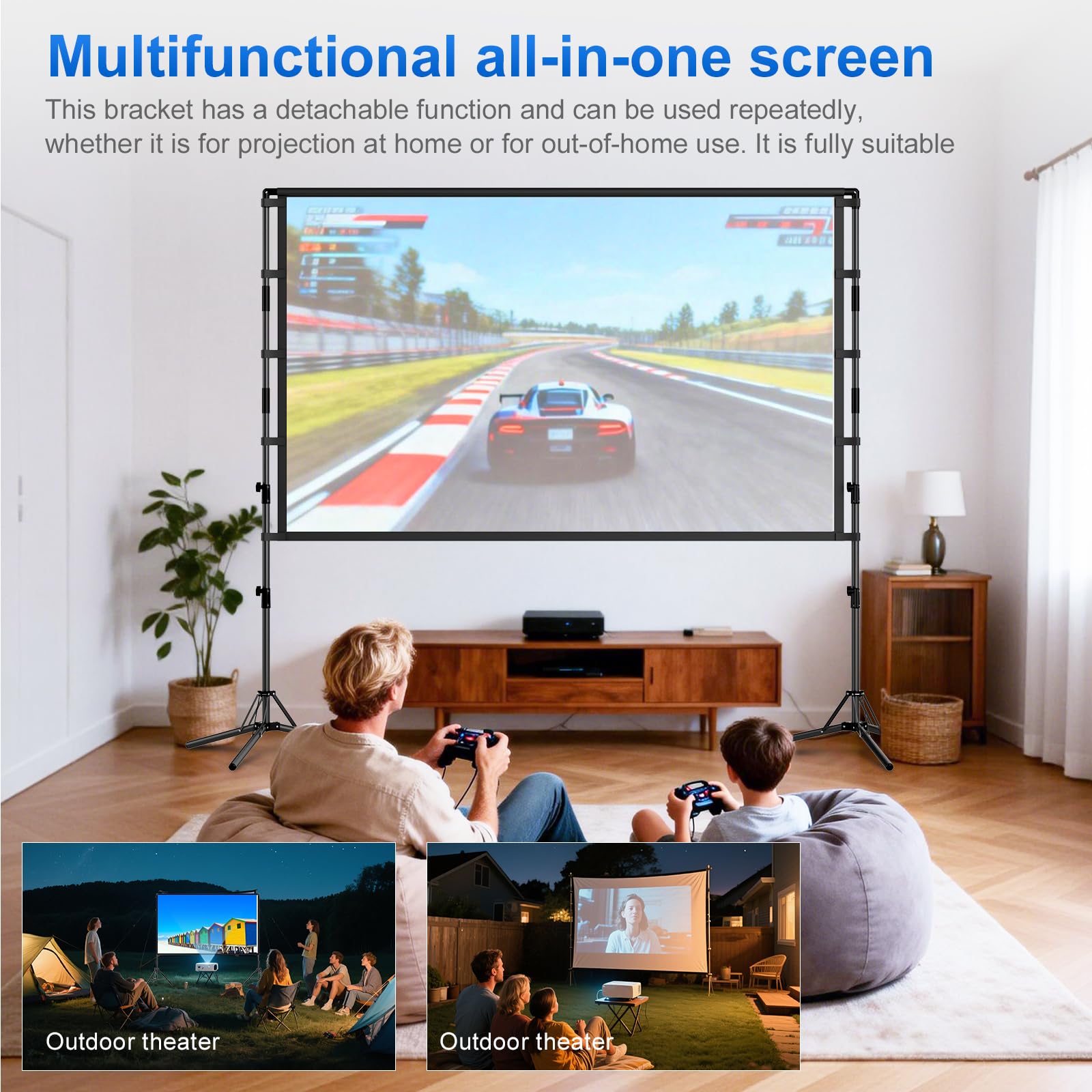 GAINVANE Écran de projection portable 120" 4K HD infroissable et léger avec support 16:9 pour intérieur et extérieur, écran de film sans plis en polyester mat, montage au sol, projection avant
