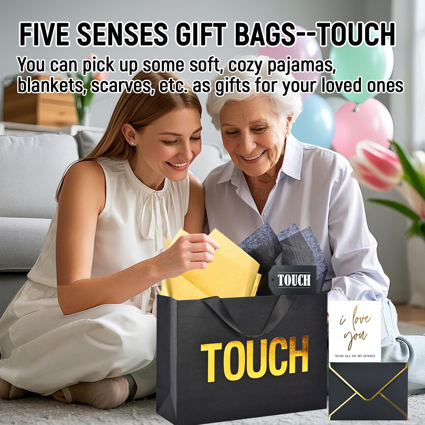 Large 5 Senses Gift Bags for Him with Labels, Envelopes and Cards,Gold Foil Five Senses Gift Bag for Her with Handles & Tissue Paper for Valentine's Day, Birthday, Wedding, Anniversary 12.6"X8.7"X4"