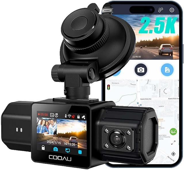 COOAU 2.5K Dual Dash Cam, Built-in GPS & Wi-Fi, 1440P Dash Cam Front and Inside with Infrared Night Vision, Dash Camera for Cars with Parking Mode, Loop Recording