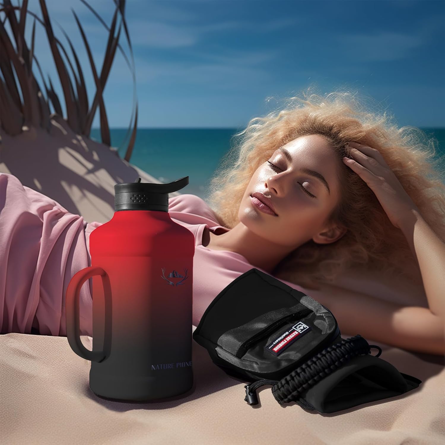 NATURE PIONEOR 64oz Insulated Water Bottle with Handle,Stainless Steel Half Gallon Water Bottle with Straw,Metal Large Tumbler Jug with Holder Carrier,Keep Cold Hot, Black - Image 8