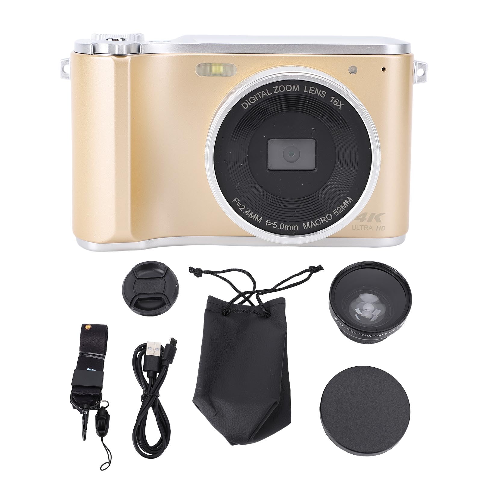 Camera Digitale 4K per Fotografia, Fotocamera da Vlogging da 64 MP con Schermata a Fogli Mobili da 3, Autofocus Zoom Digitale 16x, Lente Ad Angolo Largo, per Principianti (GOLD)