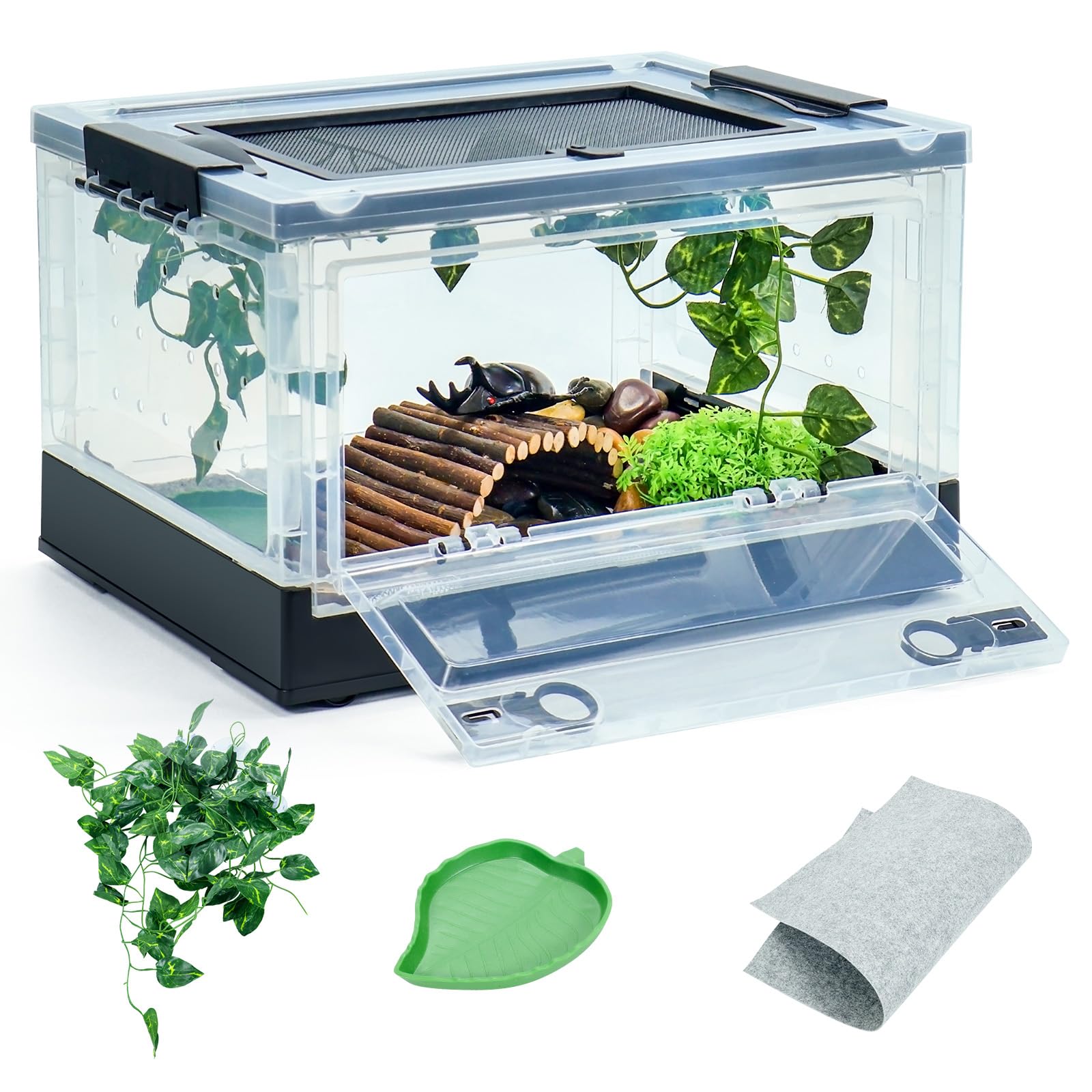 Binano Foldable 16" Reptile Terrariums, Snake Tanks, and Enclosures for Bearded Dragons, Iguanas, Lizards, Crested Geckos -Clear Views, Portability,