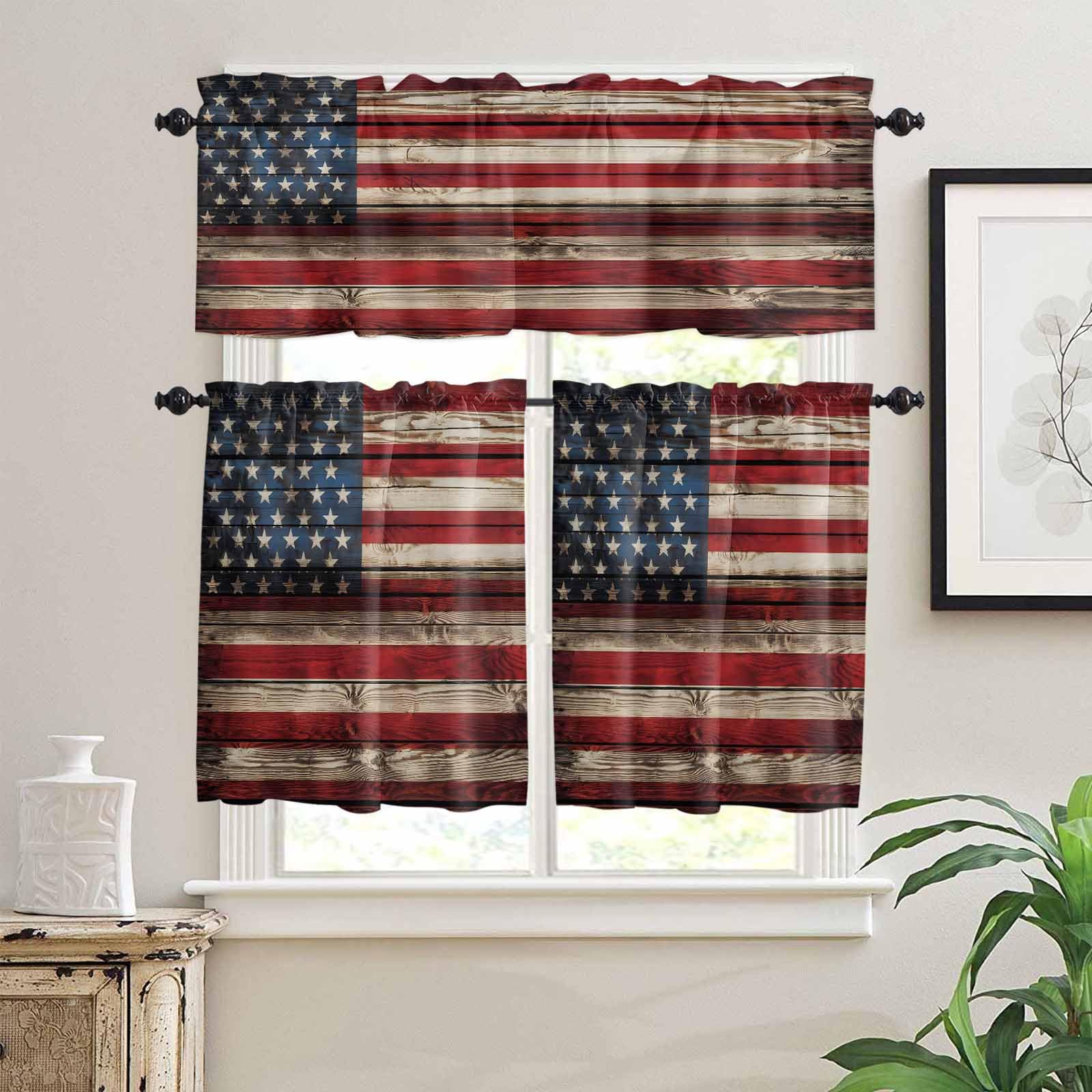 American Flag Kitchen Curtains 36 Inch Length,3 Piece Rod Pocket Small Half Tiers and Valance Set,Stars and Stripes Vintage Wooden US Flag Small Large Window Treatment Decor for Bedroom/Bathroom Sink
