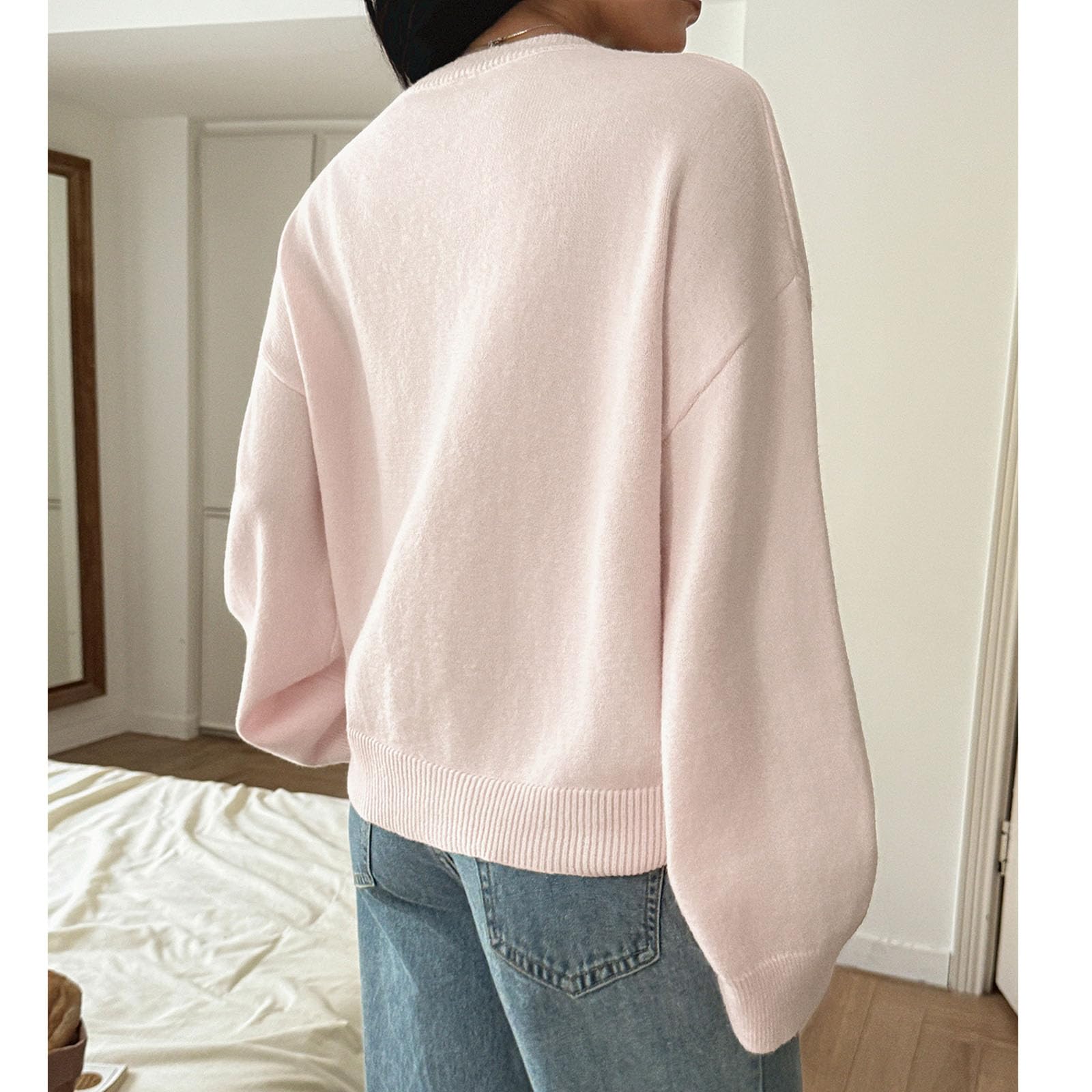 Pull à Manches Longues à col en V pour Femmes, Haut tricoté à côtes Douces, Pull décontracté Confortable de Couleur Solide