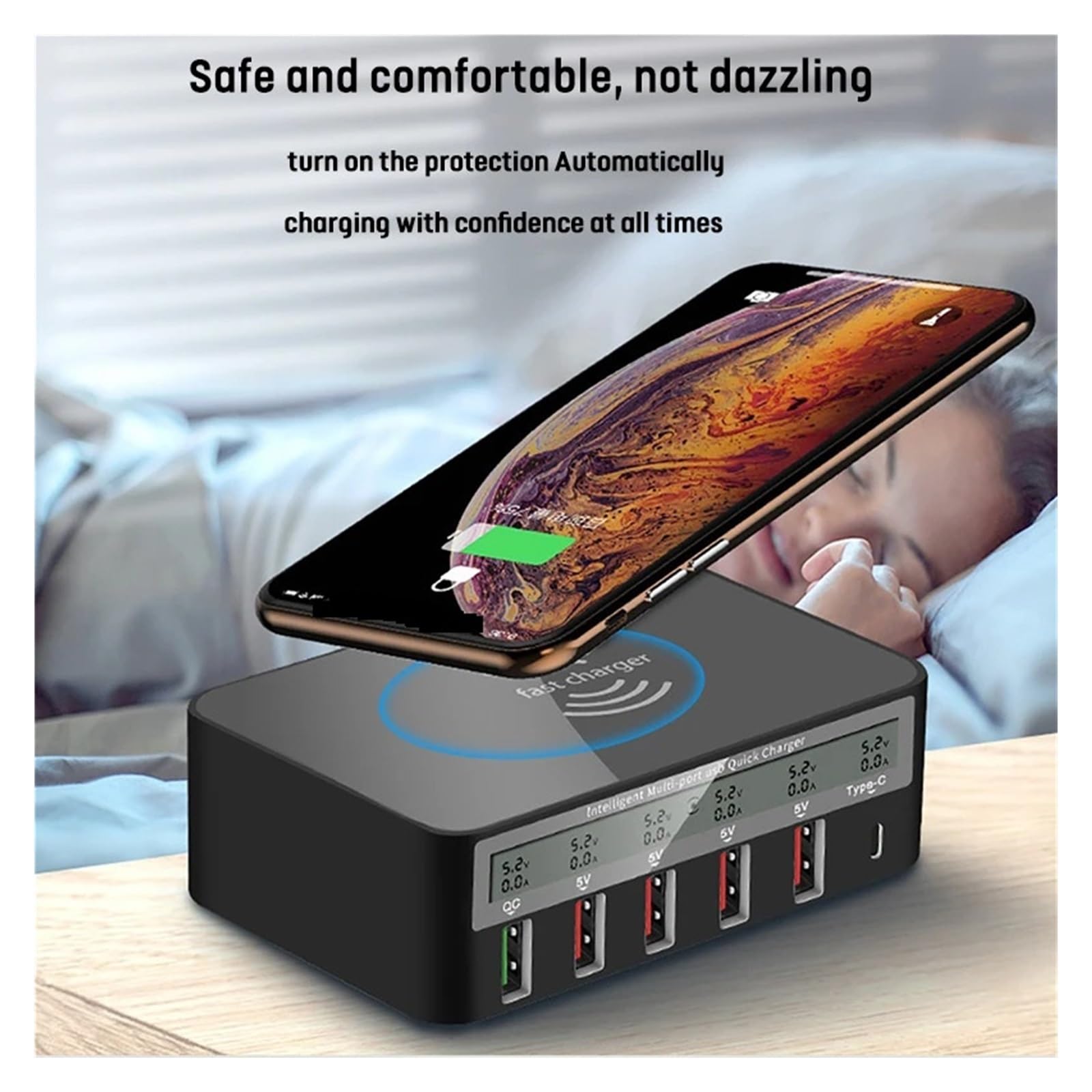 40W 6-portowa Ładowarka USB C Bezprzewodowa QC3.0 Szybka PD Stacja Szybkiego Ładowania MożLiwość Szybkiego łAdowania(Black Color)