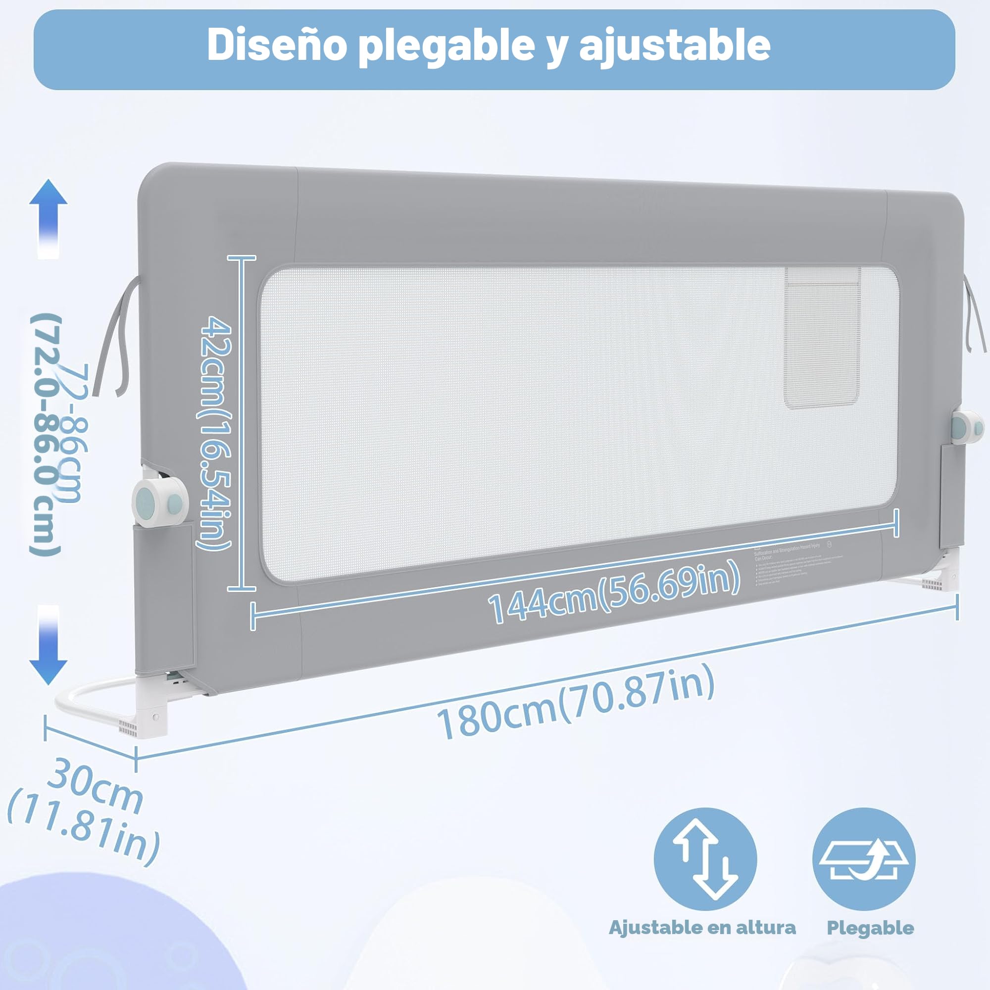 Froadp Barrera de cama para niños, protección contra caídas, plegable, para cama infantil, protección contra caídas, color gris claro, 180 cm