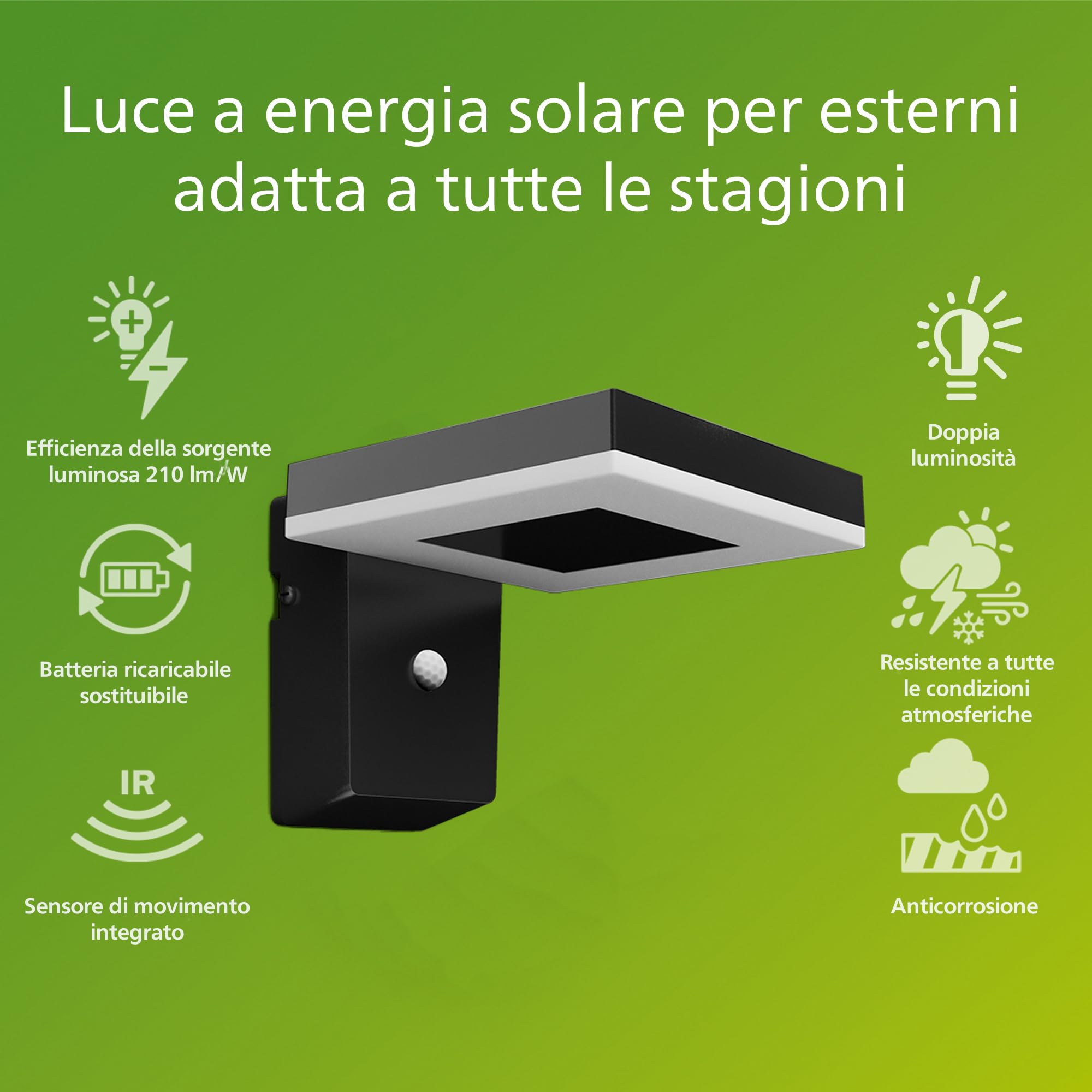 PHILIPS LED Zonal Lampada Solare da Parete per Esterni Ultra Efficiente, Quadrato, Luce Bianca Fredda, 1.3W, 3000K, Sensore di Movimento, IP44, Nero
