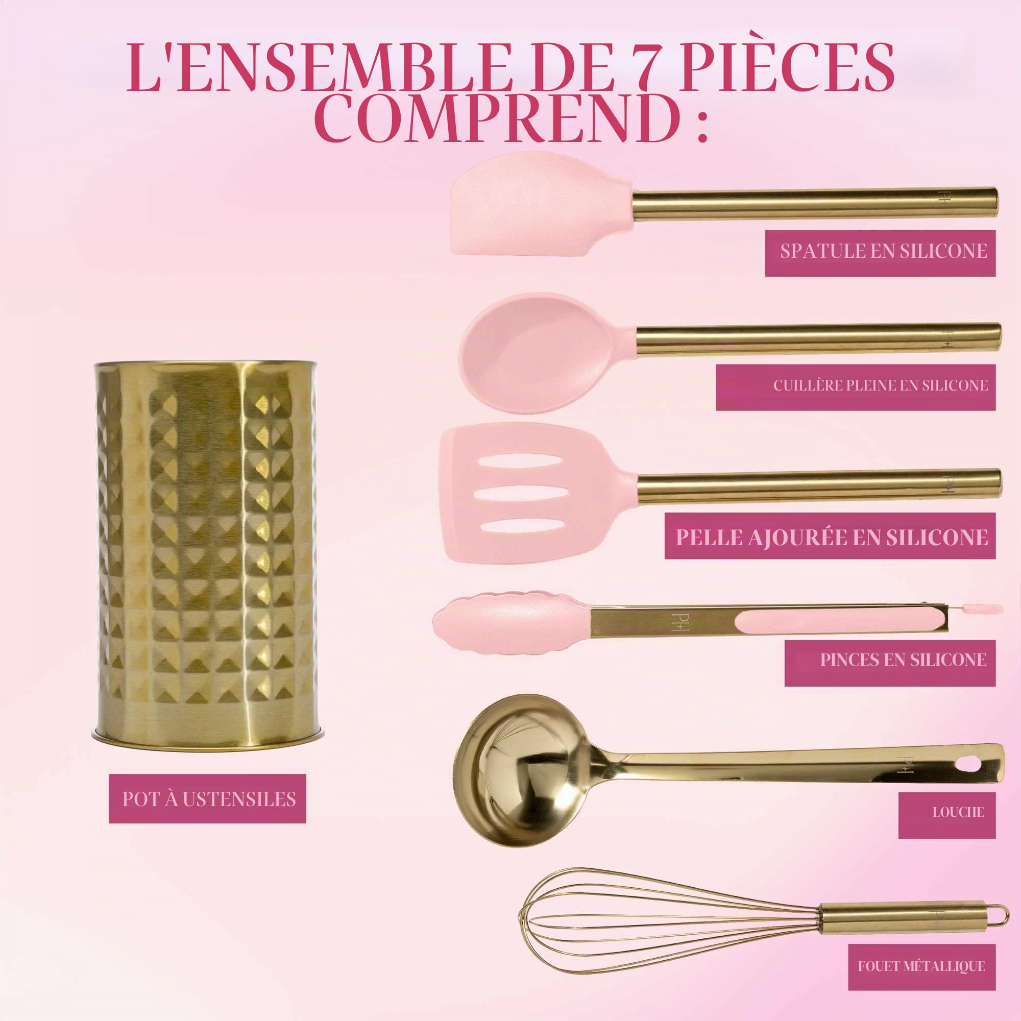 Paris Hilton Ensemble de 7 ustensiles de cuisine en acier inoxydable rose