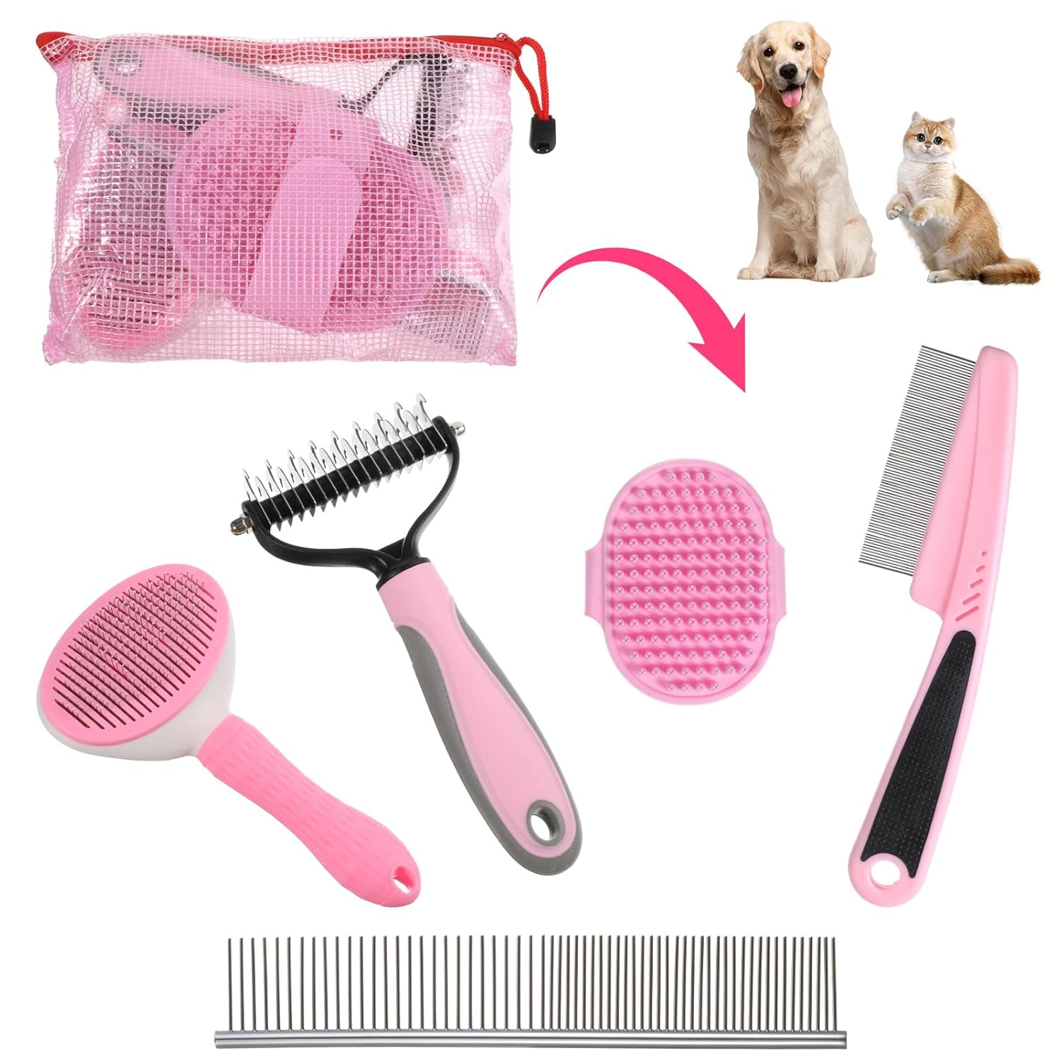 6PCS Dog Grooming Kit, Pet Grooming Kit, Deshedding Brush for Short Hair, Slicker Brush, Flea Comb, Puppy Brush Set in Pink for Dogs, Cats