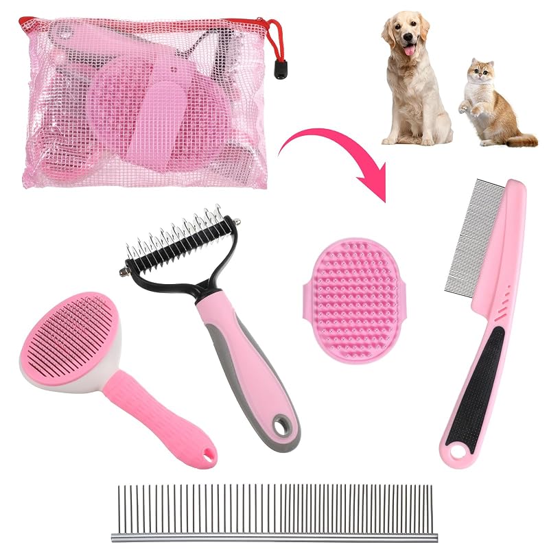 Kit de Escovas para Cães e Gatos Pafeooui com Pente Antipulgas e Bolsa Rosa, 6 Peças