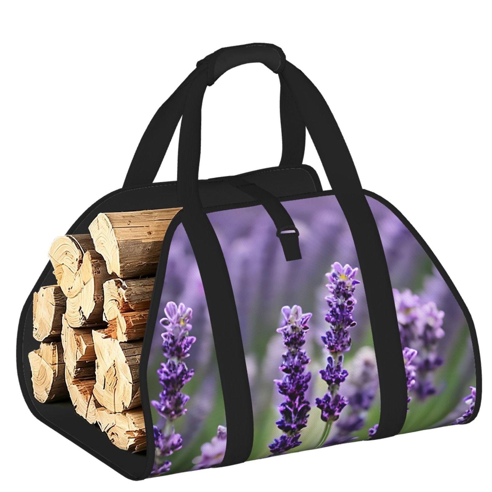 Purple Lavender Floral Flowers Printed Firewood Carrier Bag, Log Tote with Open-Ended Design for Camping Outdoor Wood Hauling