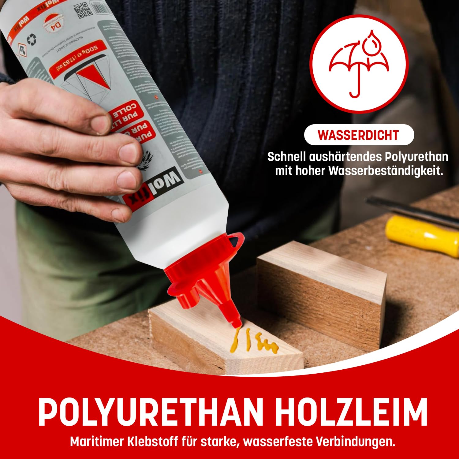 Wolfix Holzleim 500g D4 PUR PU Leim Express wasserfest Holz Stark Holzkleber schnell trocknender Holz-Leim