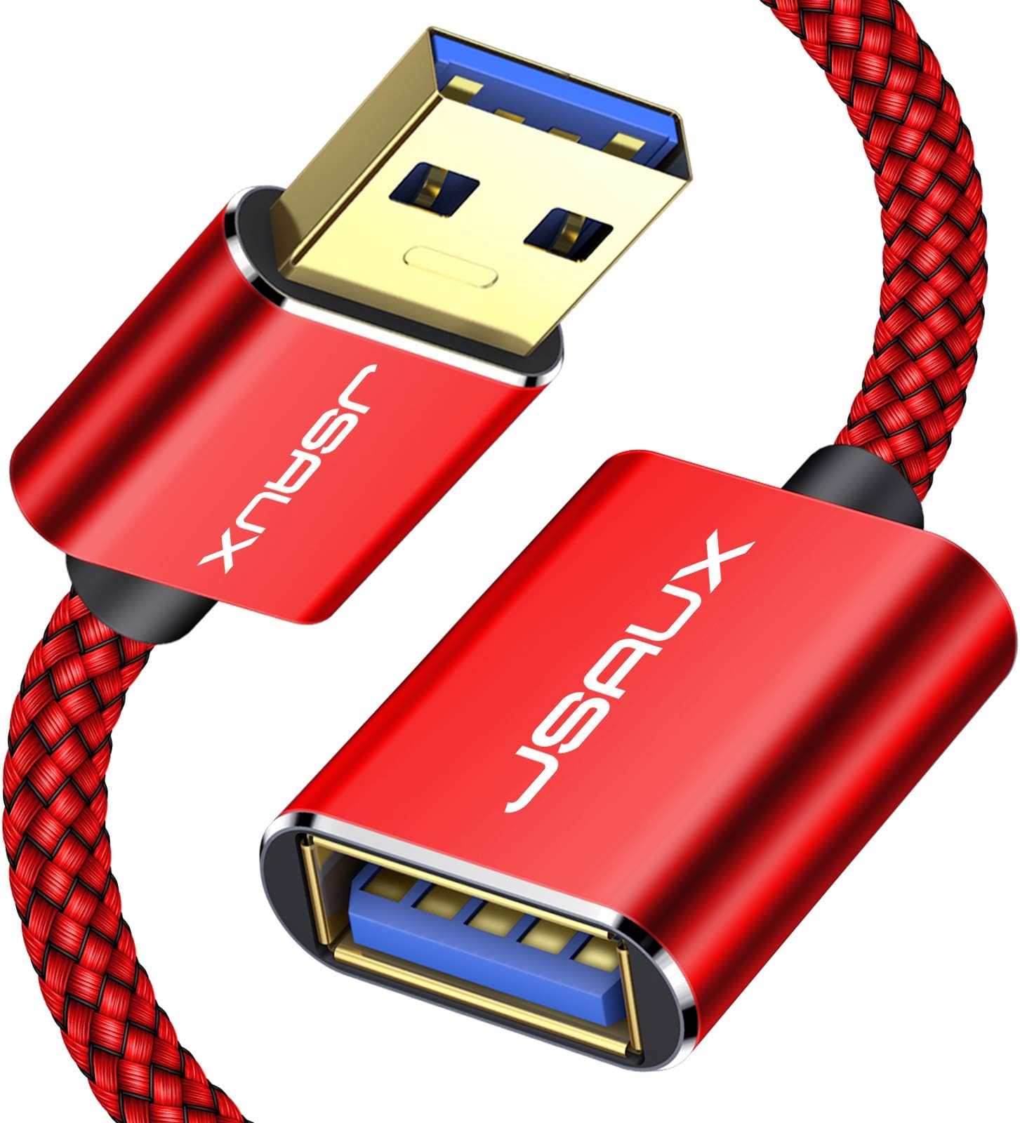 JSAUX USB 3.0 Extension Cable 10FT, USB A Male to Female Extension Cord Durable Braided Material Fast Data Transfer Compatible with USB Keyboard, Flash Drive, Hard Drive, PlayStation, Xbox-Red