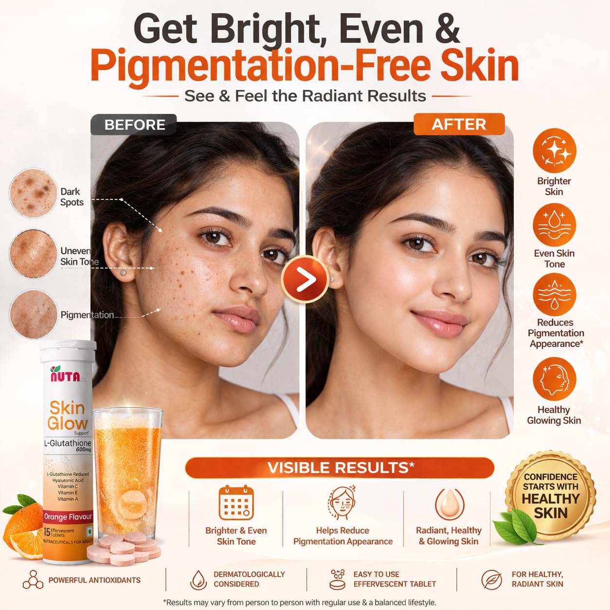 Glutathione Effervescent Tablets 600mg | Skin Glow and Brightening Supplement | With Hyaluronic Acid, Vitamin C, Vitamin E & Vitamin A