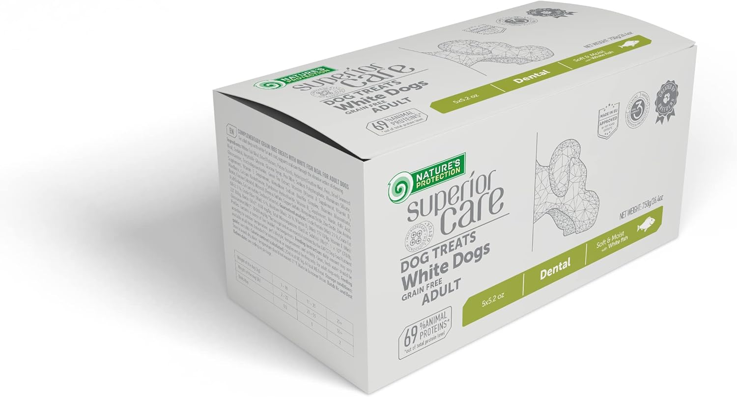 Nature's Protection Dry Dog Food & Dental Chews Bundle: Grain Free Hypoallergenic Dog Kibble 3.3 lb + Detal Treats 5.2 oz Multipack, Tear Stain Diet for Small Breed (Superior Care - White Fish)