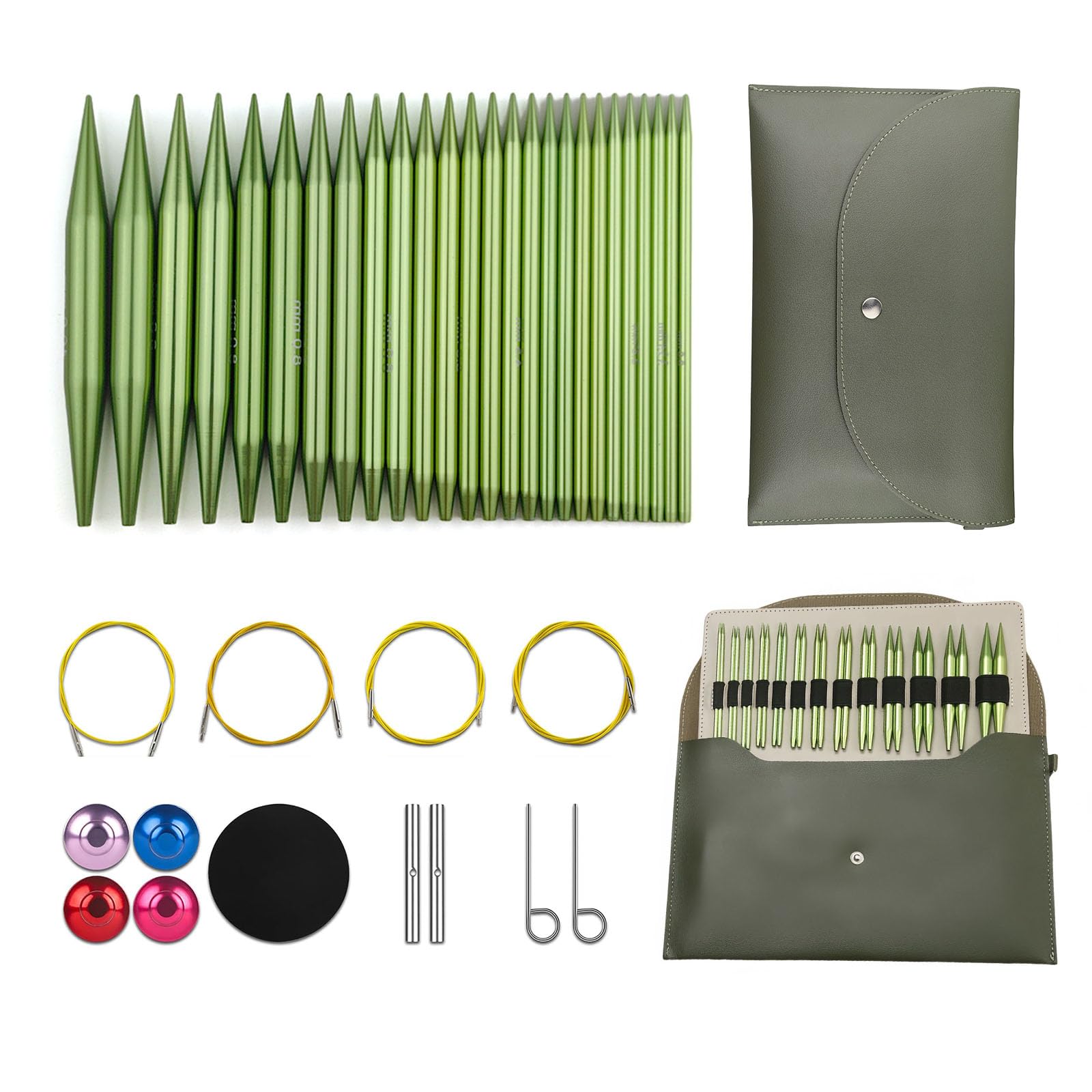 Hzkokon Knitting Needles Set Interchangeable Aluminum Circular Knitting Needles Set 13 Pairs of 4 Inch Premium Aluminum Needles & Accessories Green