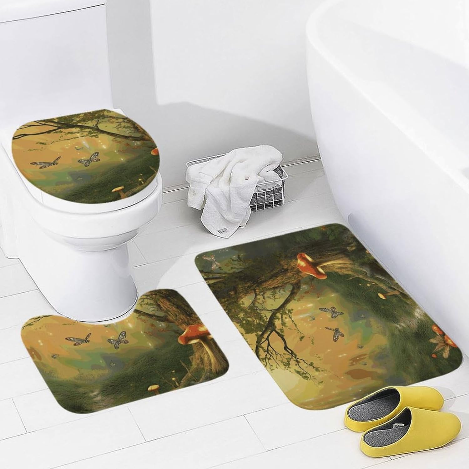 Anti-Skid Floor Mats 3 Piece Set,Forest with Fairies Butterflies Elves Printed Coral Fleece Bathroom Mats U-Shaped Contour Mat Toilet Seat Cover for Bathroom, Tub, Shower, Kitchen 19.7"x31.5"